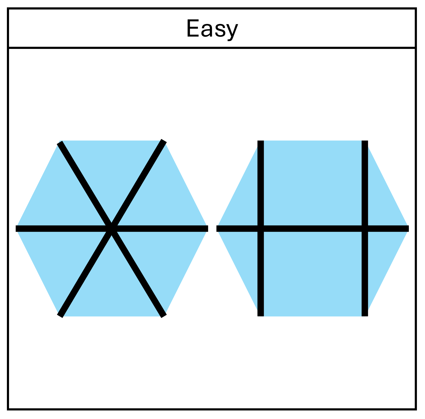 Two hexagons with different orientations of three lines transecting them