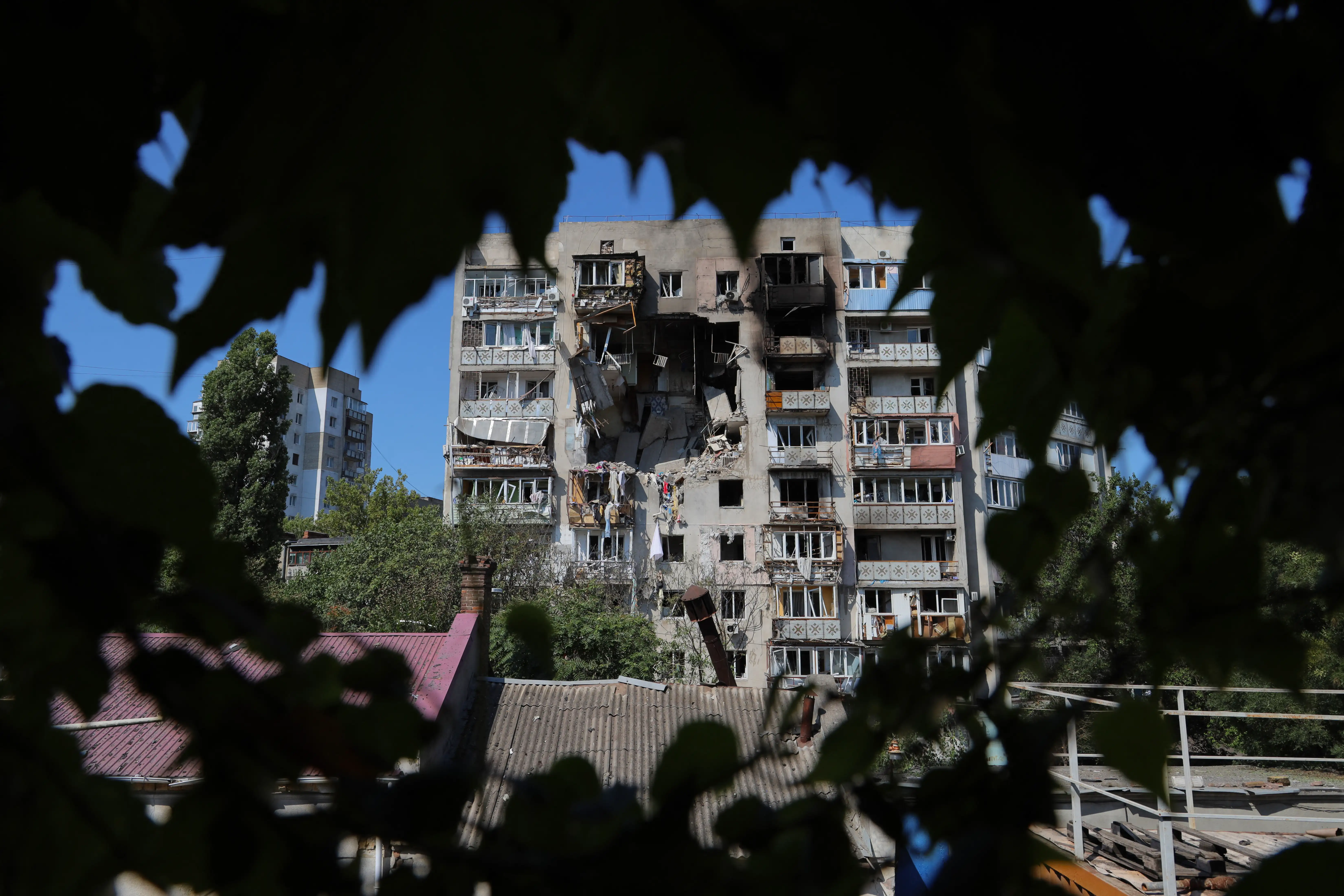 A damaged residential building following a drone attack in Odesa.