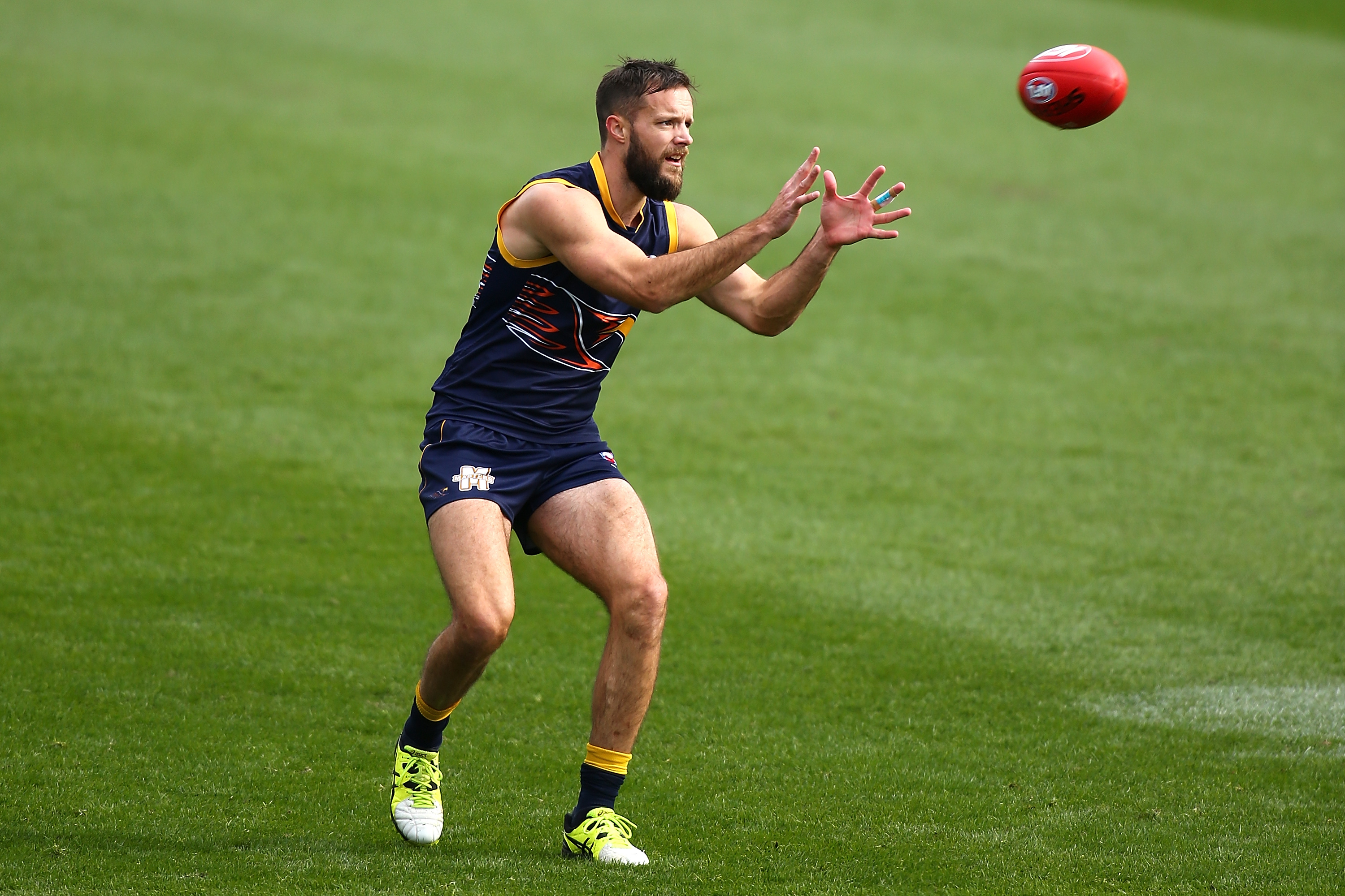 Mitchell Brown marks the ball during a West Coast Eagles AFL training session