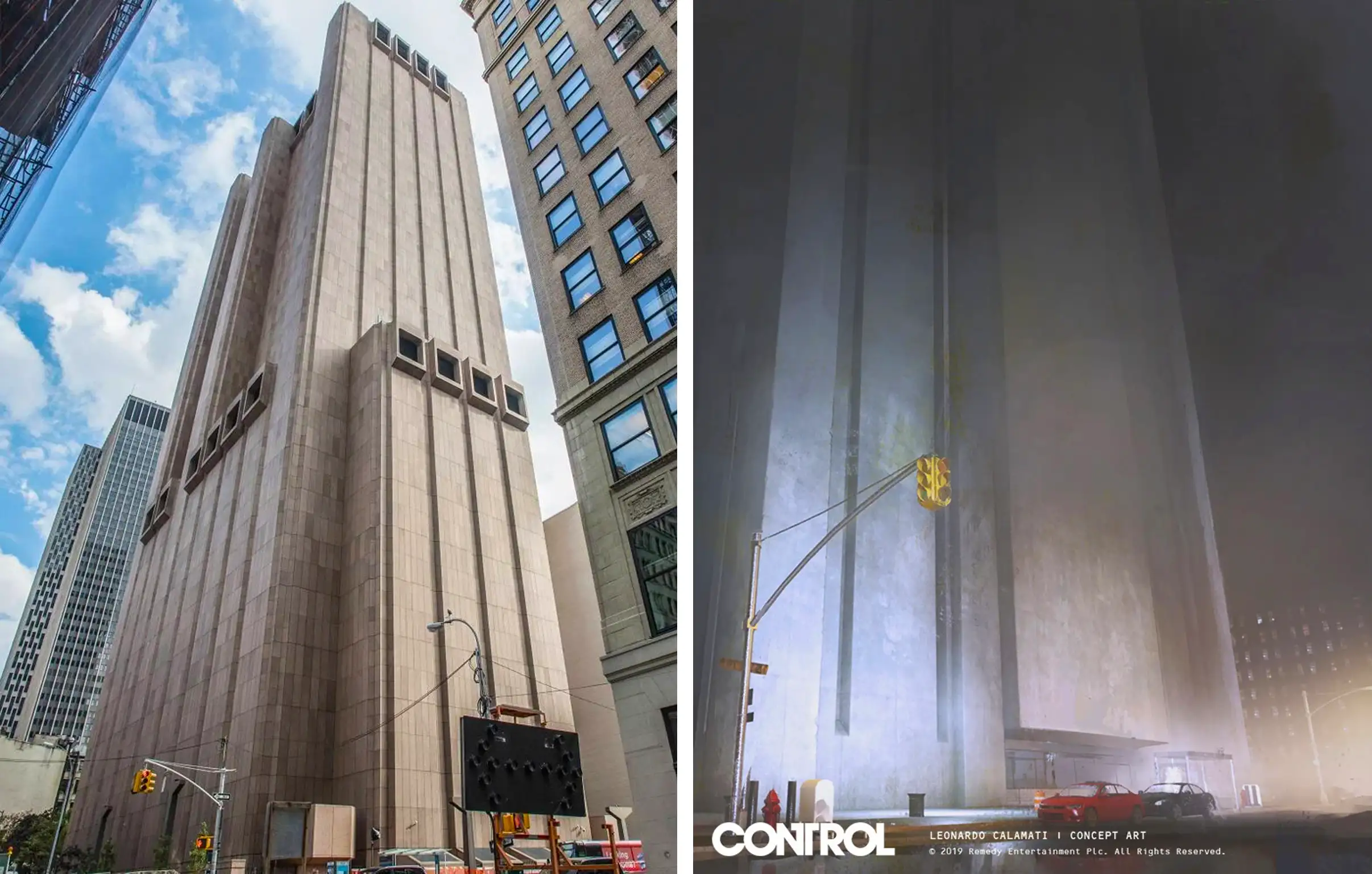 A split screen picture showing the real building in New York and the gaming version