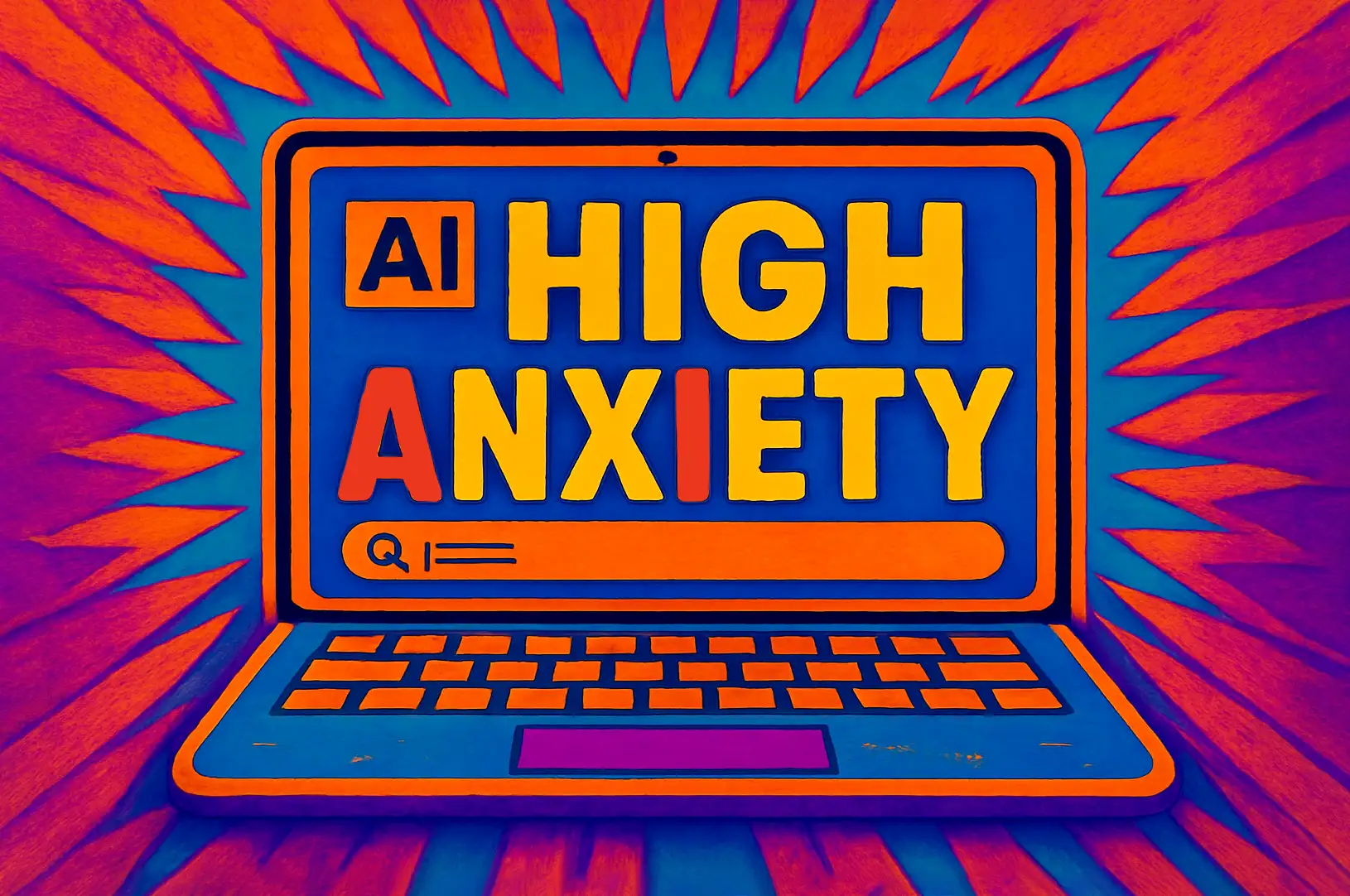 A graphic with bright colours and a laptop with the words 'high anxiety' in an AI prompt