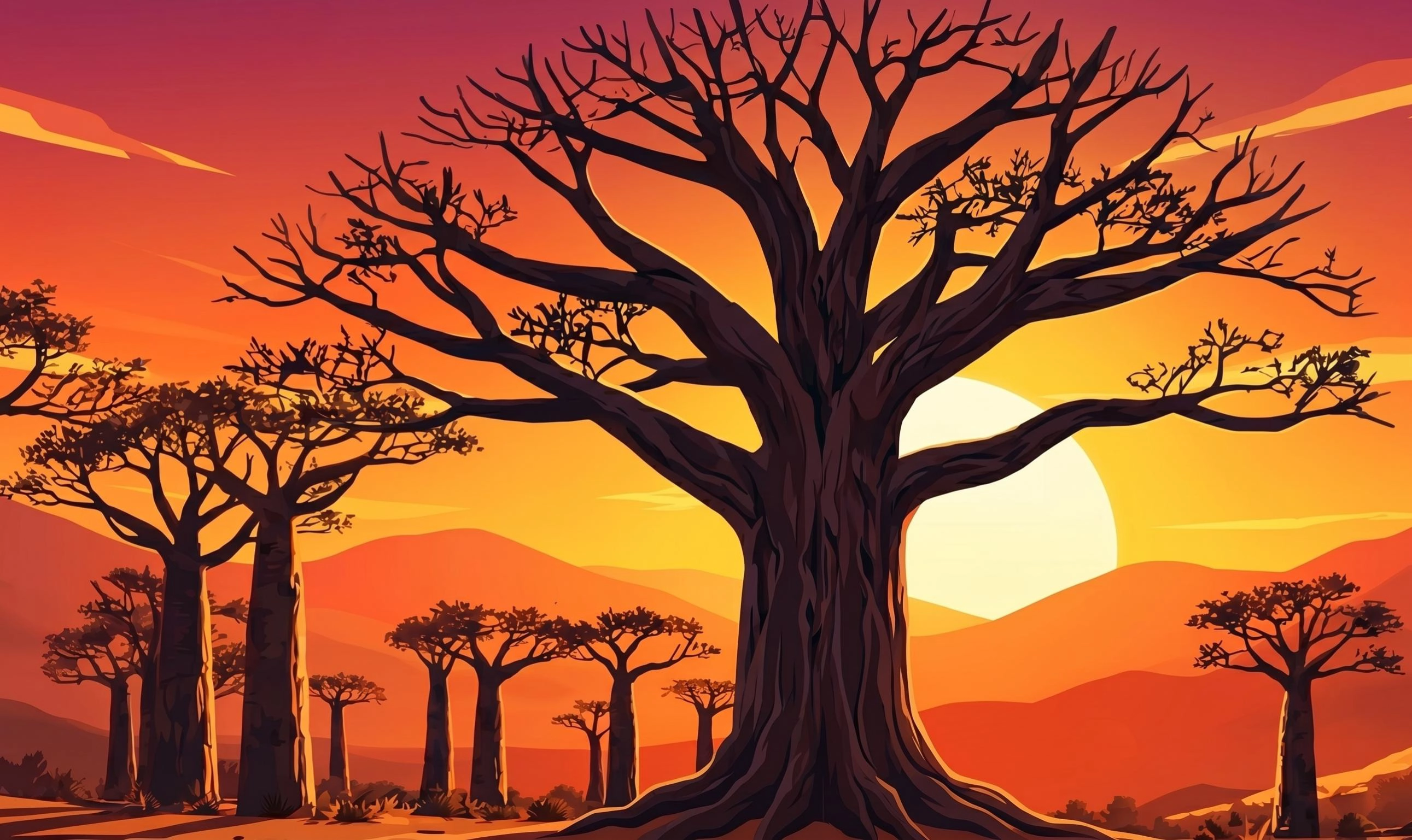A cartoon of a field of boab trees bearing no fruit with an orange sun setting behind it