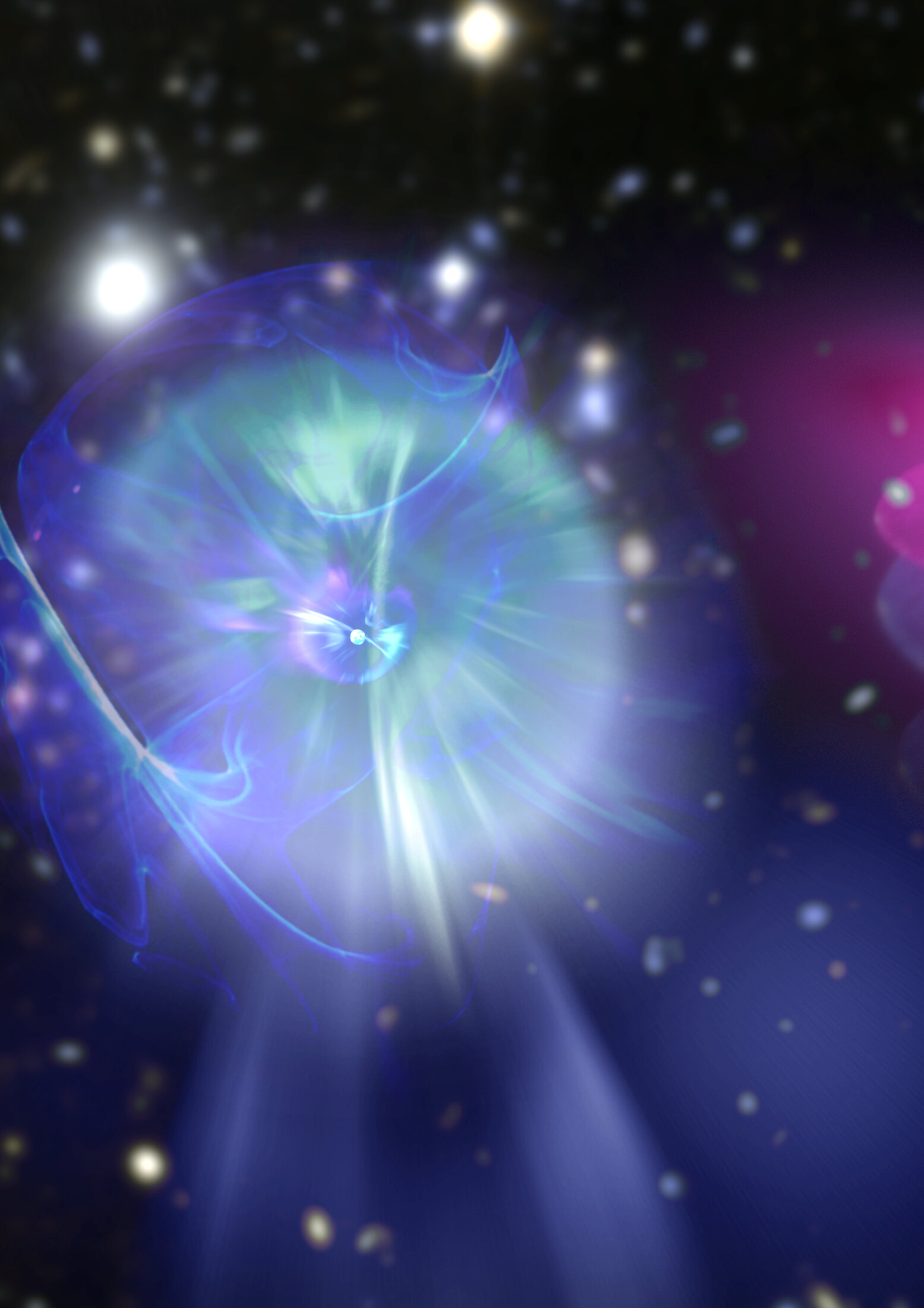 A depiction of a core collapse supernova with a star in the middle and bluer and purple orbs around it as it explodes