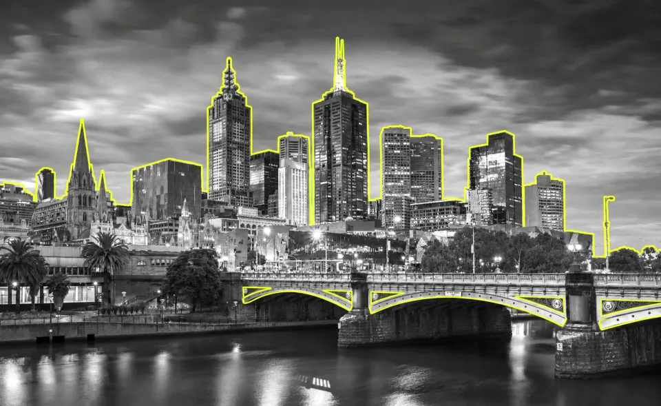 Melbourne Skyline outlined in green