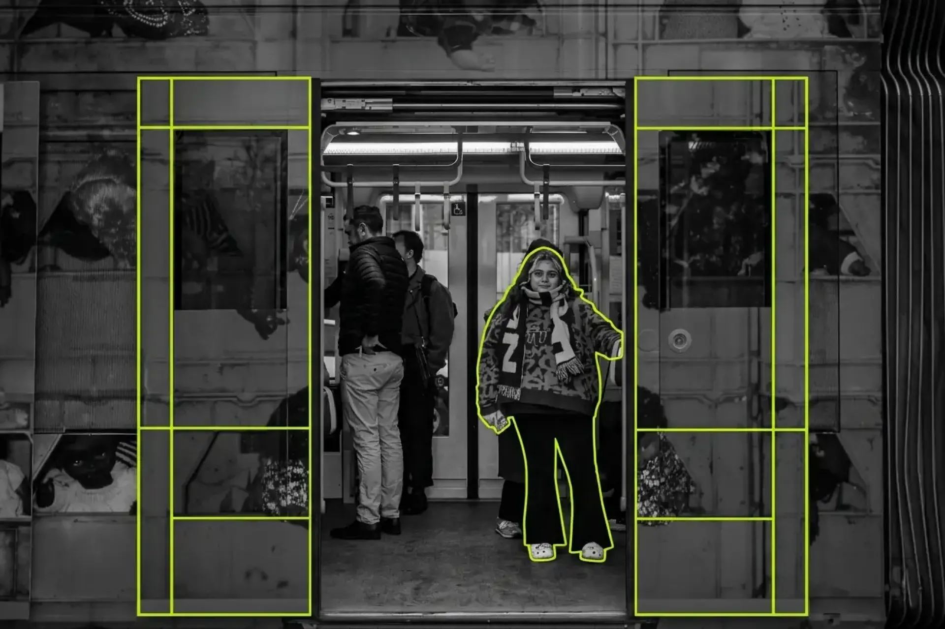 Young woman on tram with green highlights around her