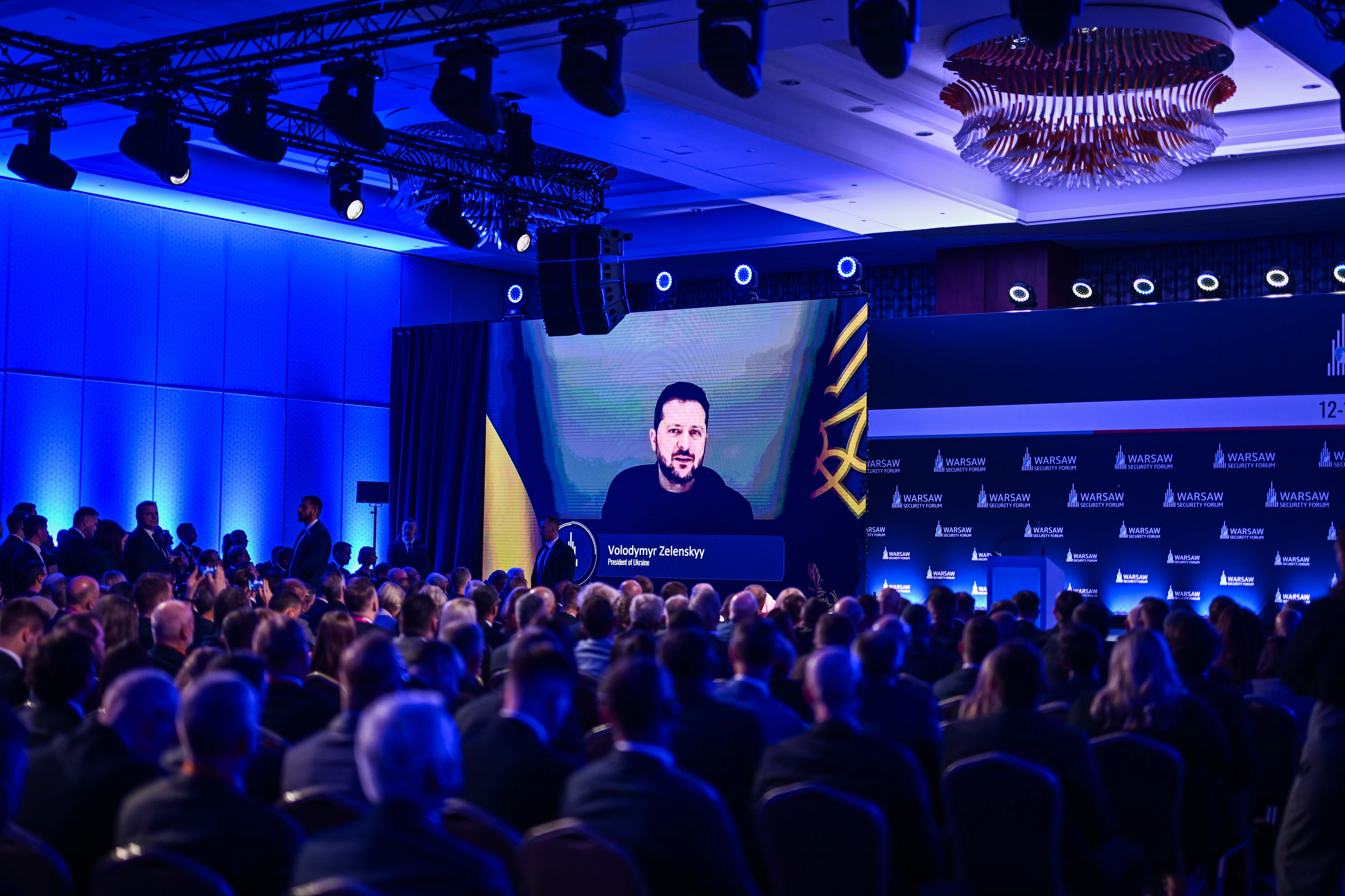  President of Ukraine, Volodymyr Zelenskyy speaks to the audience via an online video call during the opening ceremony at the Warsaw Security Forum 2026