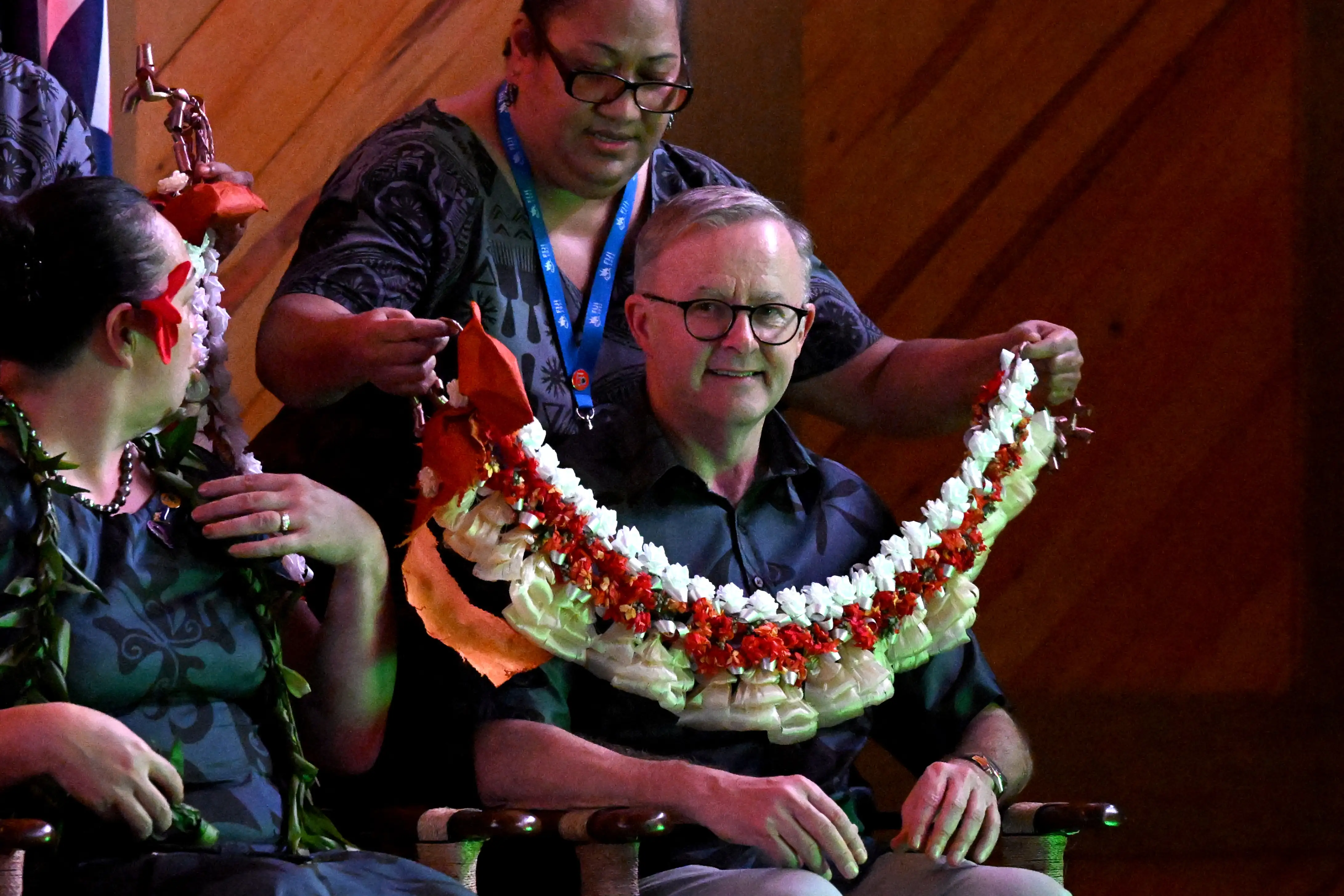  Prime Minister Anthony Albanese receives a garland during the launch of the 2050 Strategy at the Pacific Islands Forum