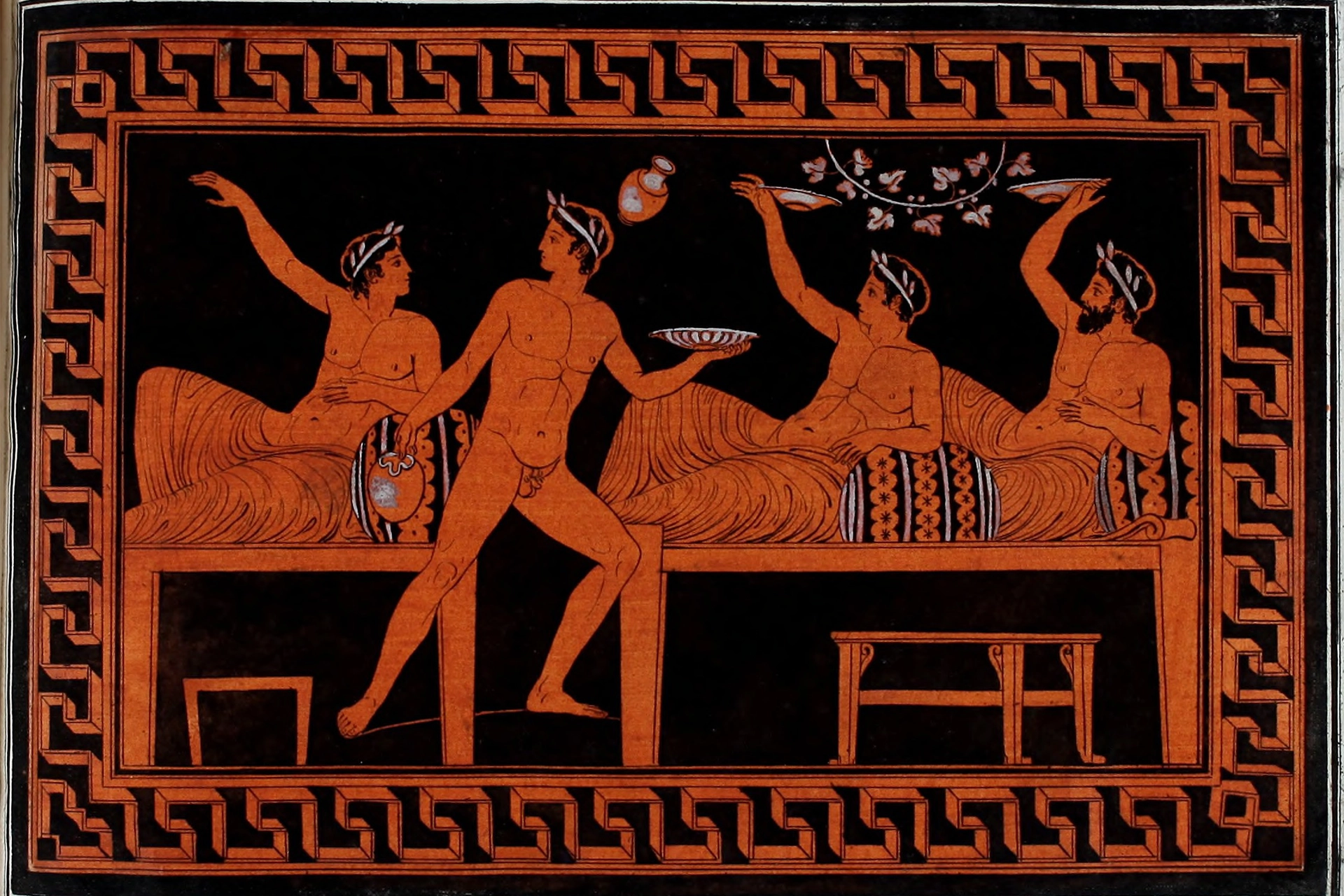 Black and orange drawing of ancient Greeks reclining on tables during a banquet