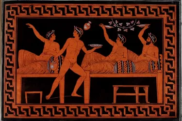 Black and orange drawing of ancient Greeks reclining on tables during a banquet