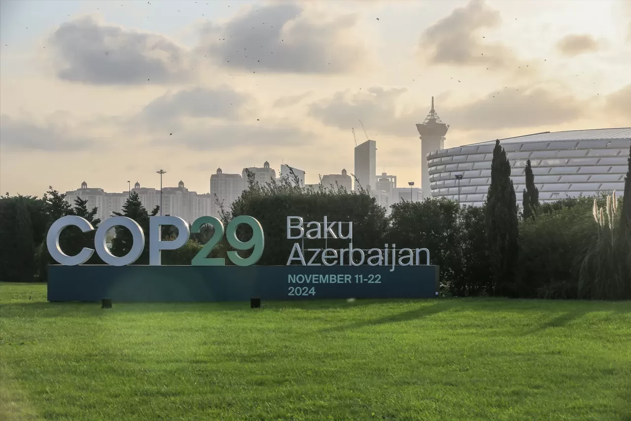 COP29 sign in a park in Baku, Azerbeijan