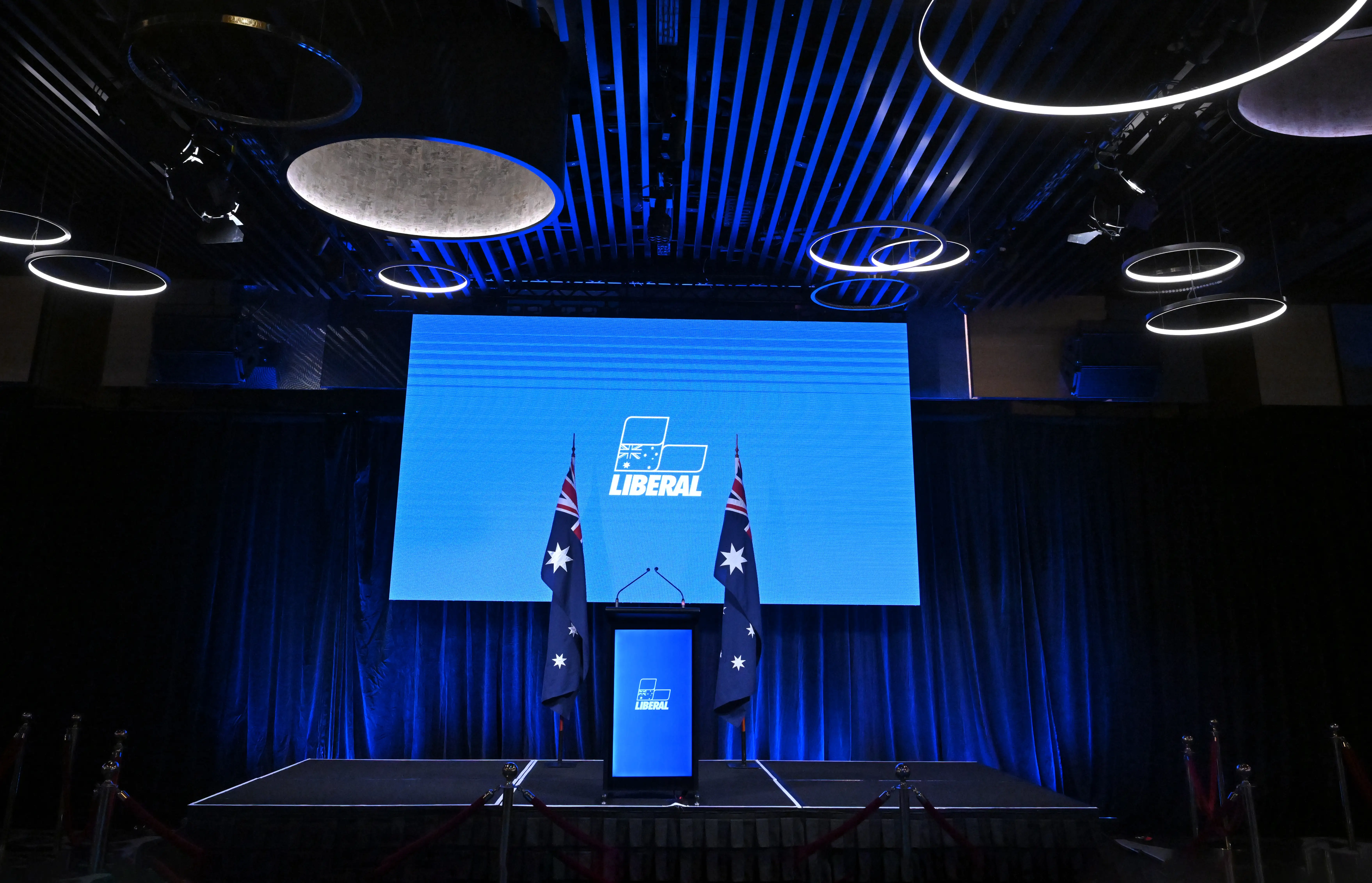 An empty podium at a Liberal election night event