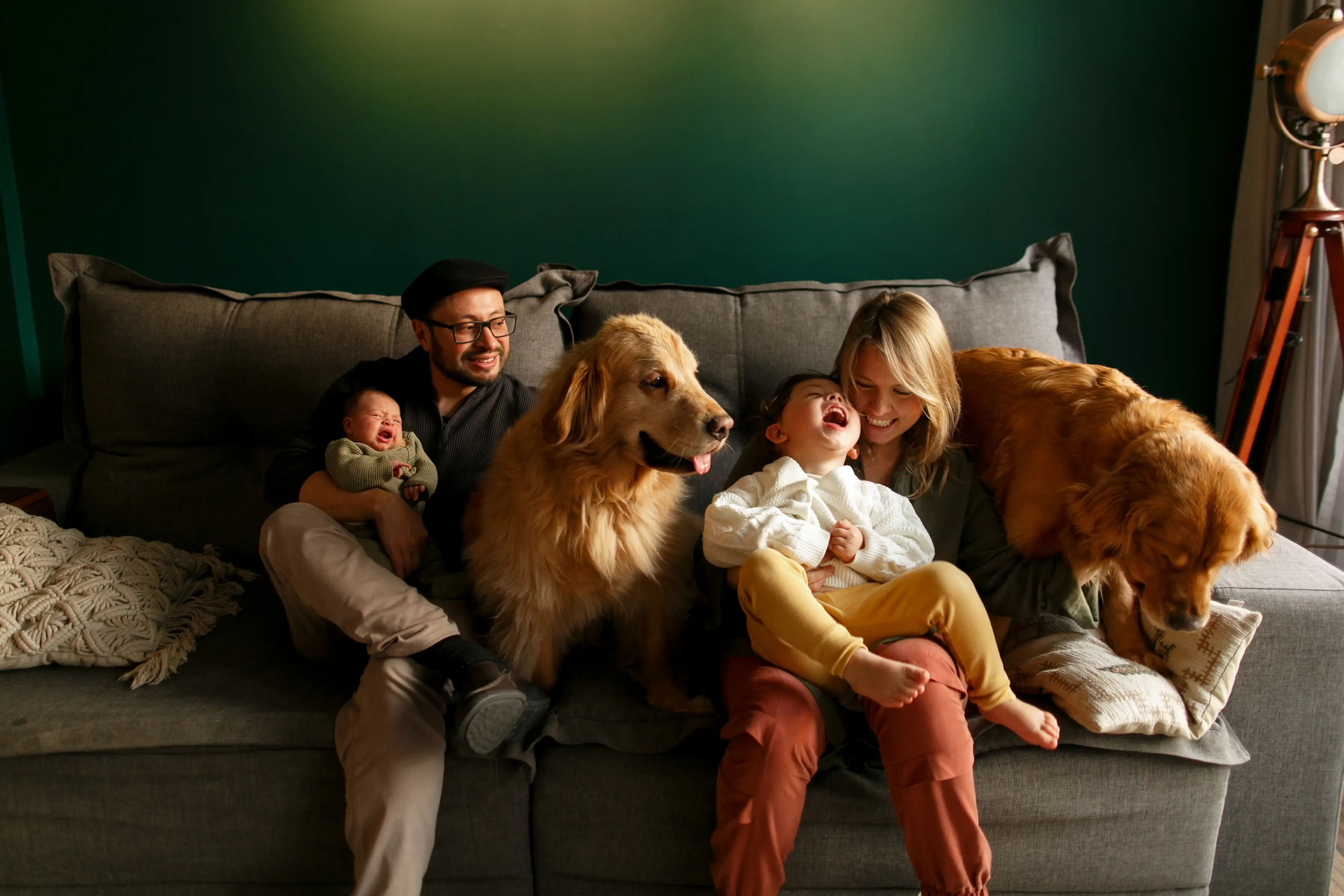 A young family with their newborn baby sitting on the sofa with their dogs
