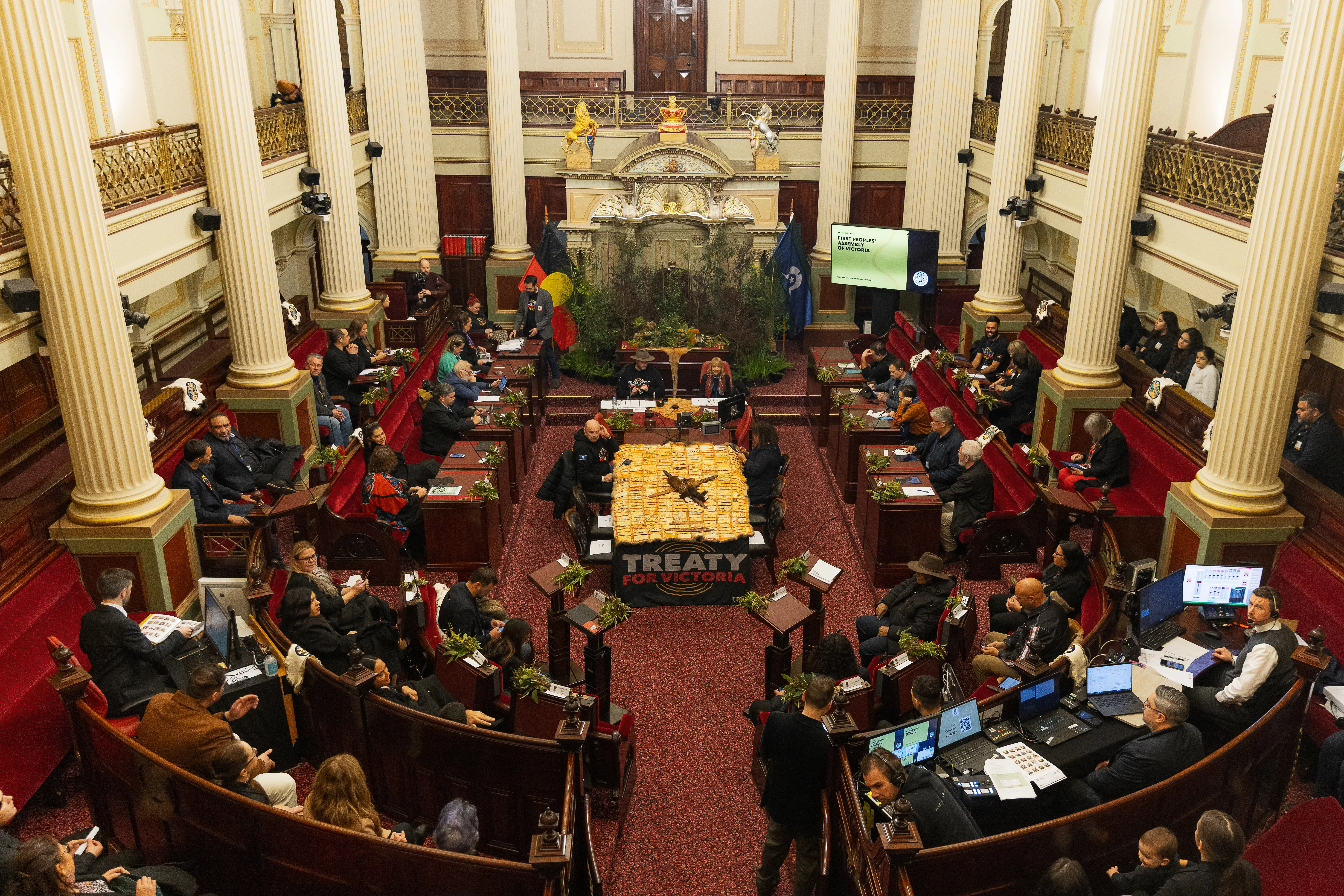 The First Peoples Assembly of Victoria gather in the Legislative Council Chamber of Victoria in 2023
