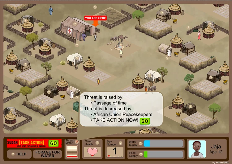 A screenshot from the game, Darfur is Dying