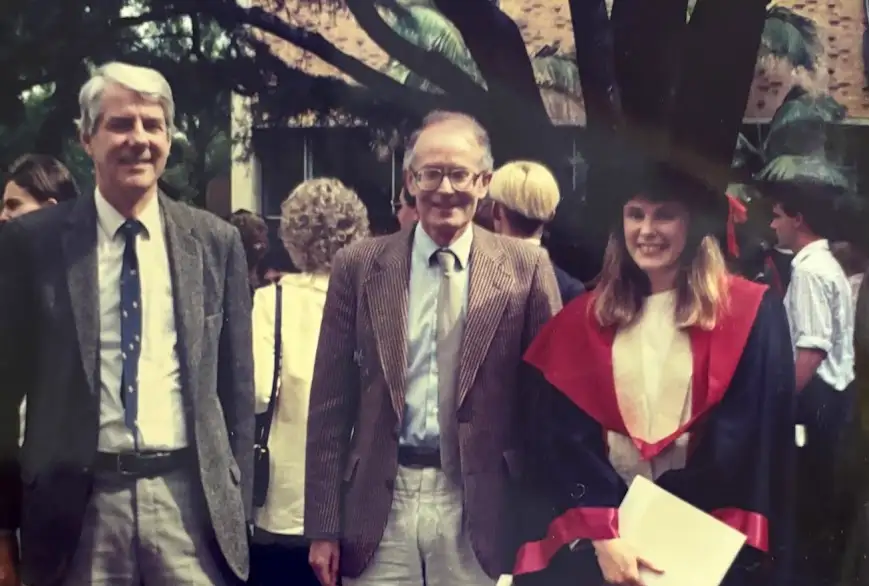 Christine McKenzie (right) with Professor Richard Robson (middle) and Professor Bernard Hoskins (left) at her graduation ceremony