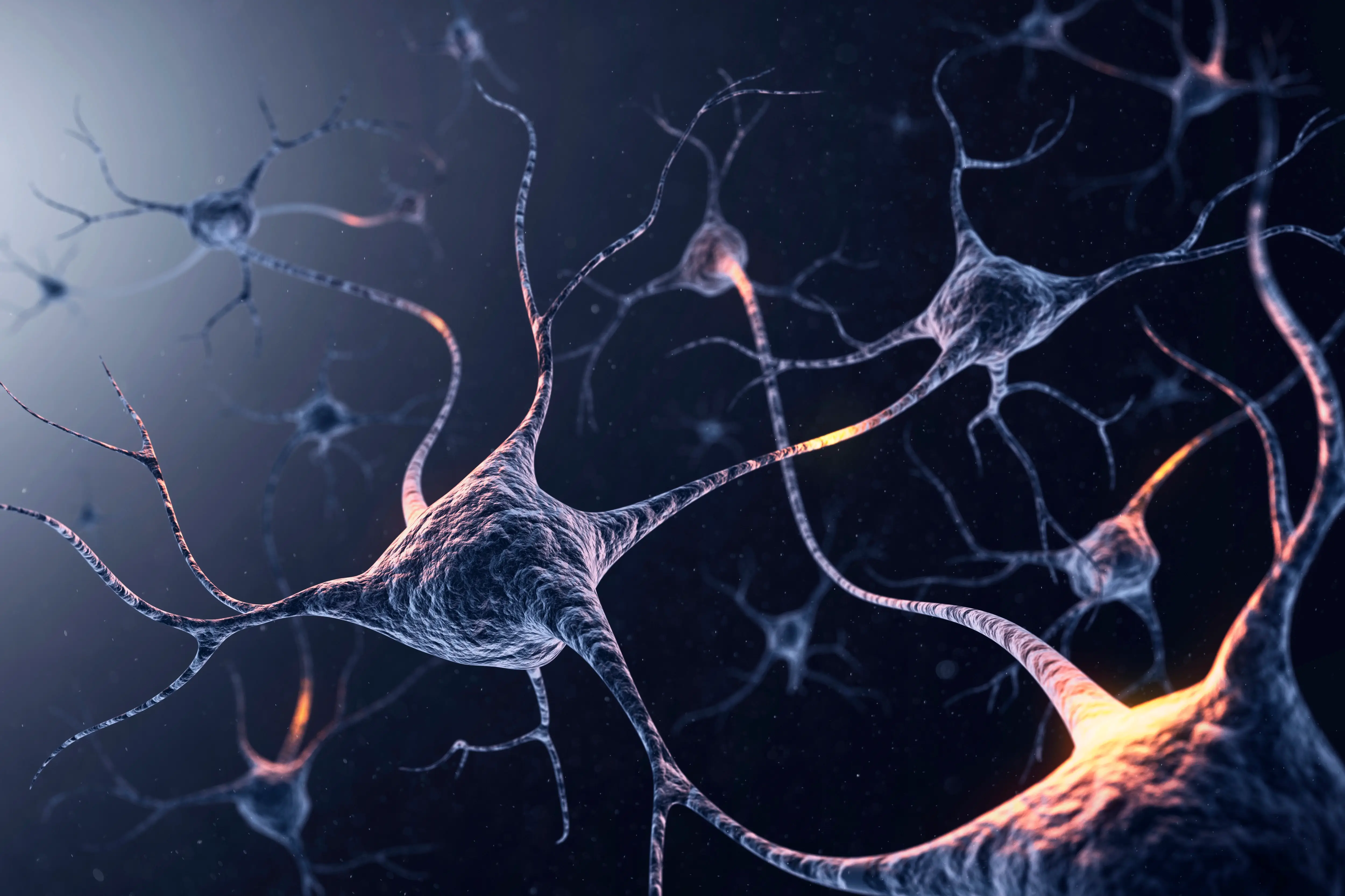 A large system of neurons connected via pathways with bursts of light passing through them