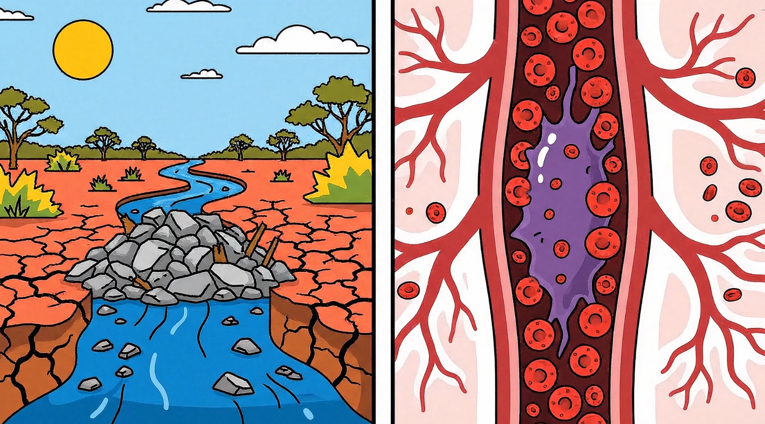 An animation showing a rivers flow being blocked by rocks and debris next to a visualisation of clogged arteries to support culturally appropriate messaging for First Nations peoples.