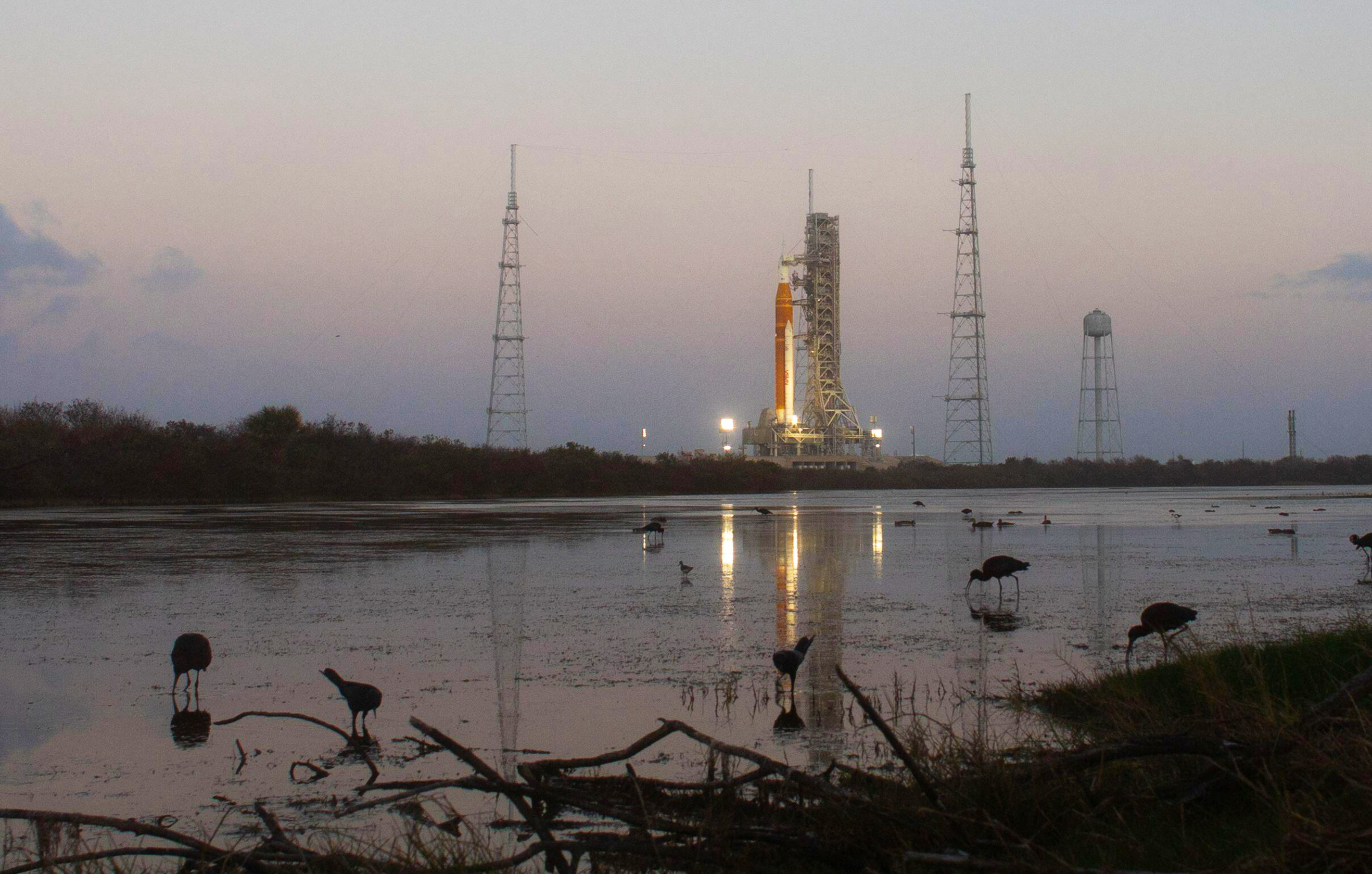 Artemis II Space Launch System rocket with the Orion spacecraft in the ready position with water birds feeding in the foreground