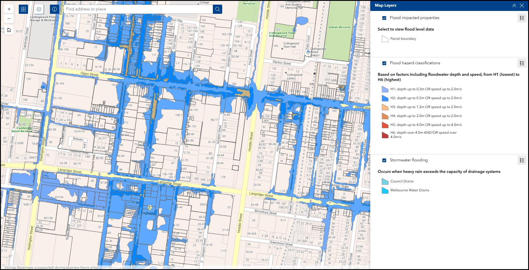 A zoomed in map of Melbourne streets showing areas prone to flooding