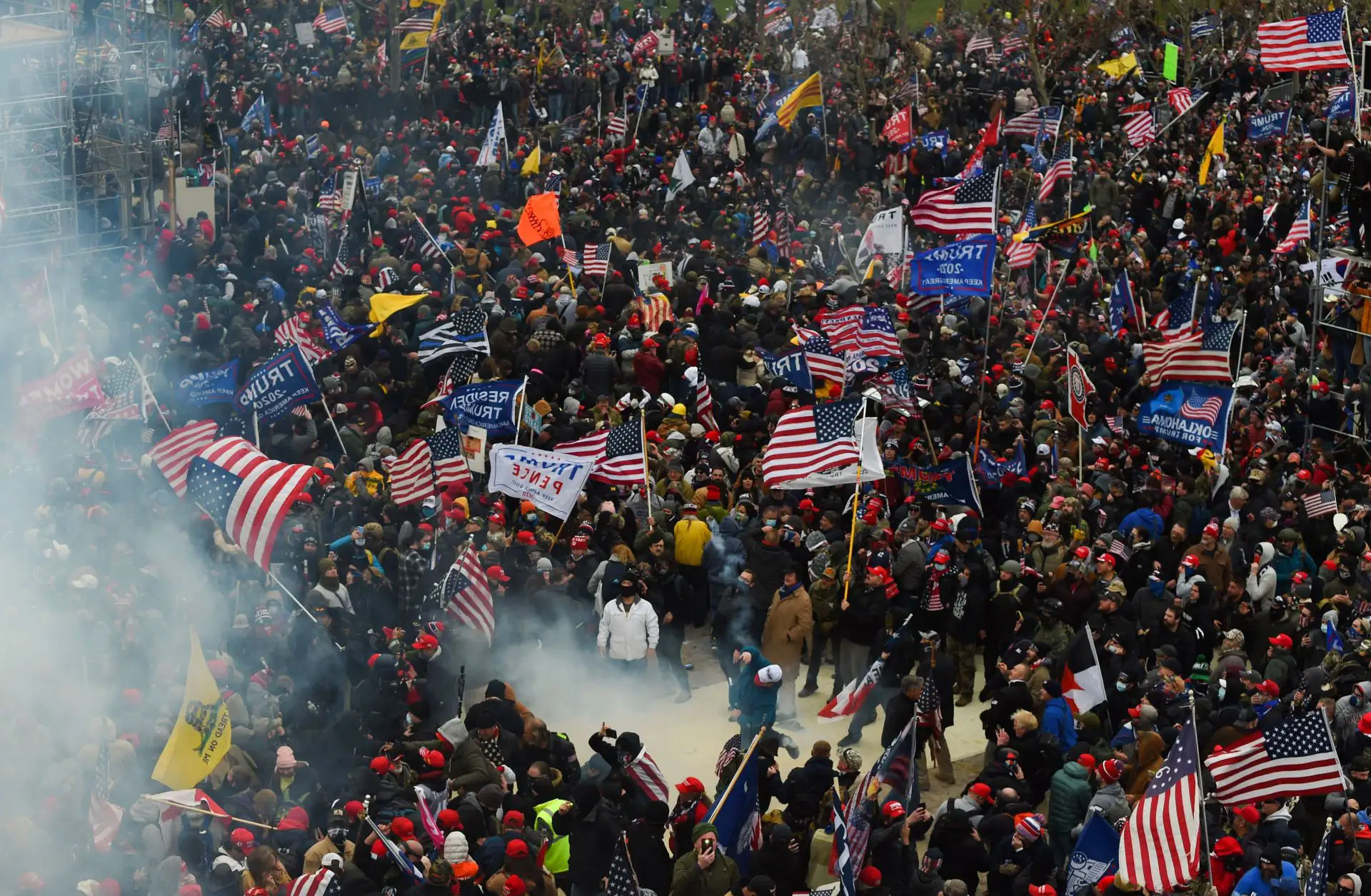 Supporters of US President Donald Trump clashing with police and security forces outside the U.S. Capitol building in Washington, D.C., on January 6, 2021