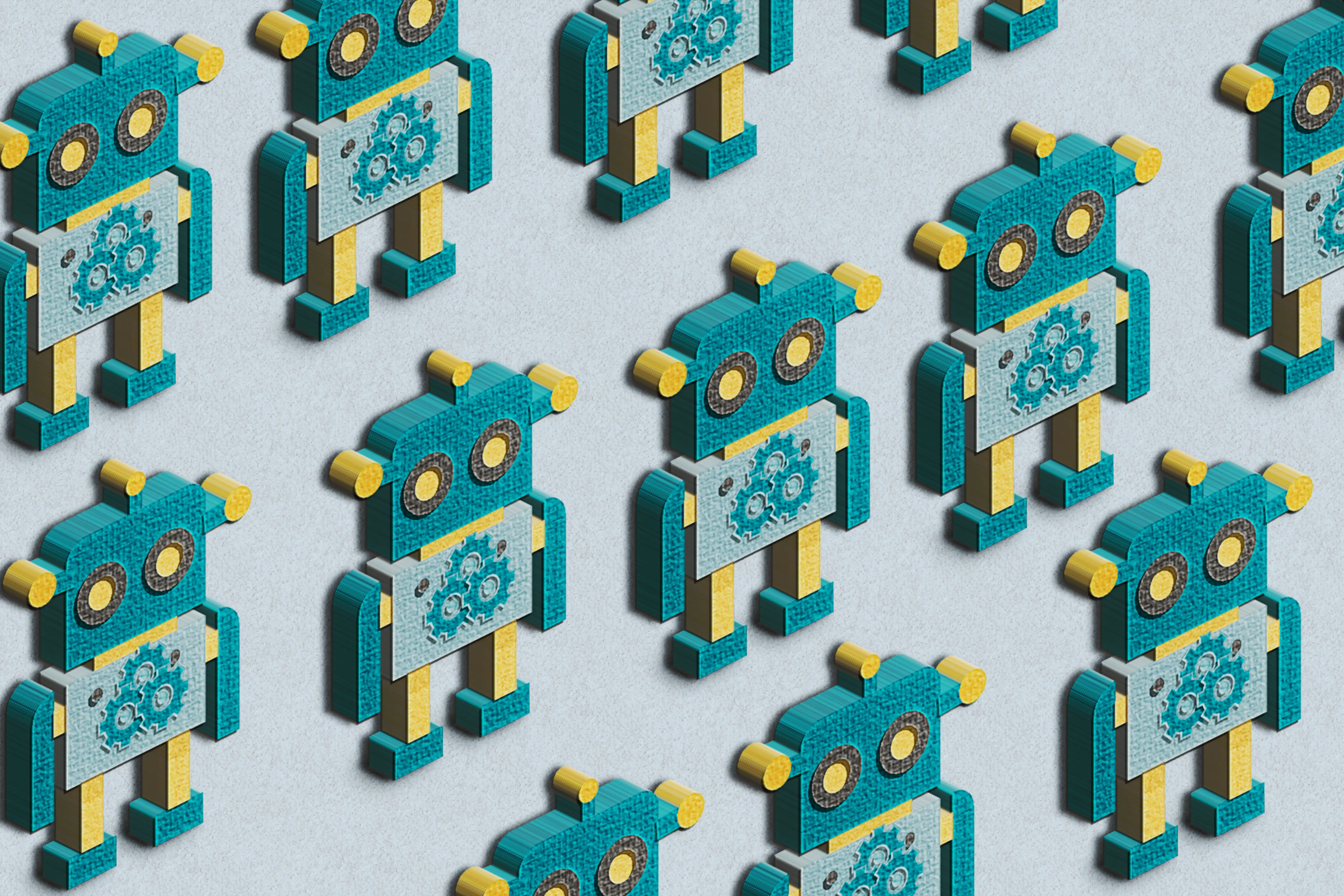 An illustration with rows of green robots