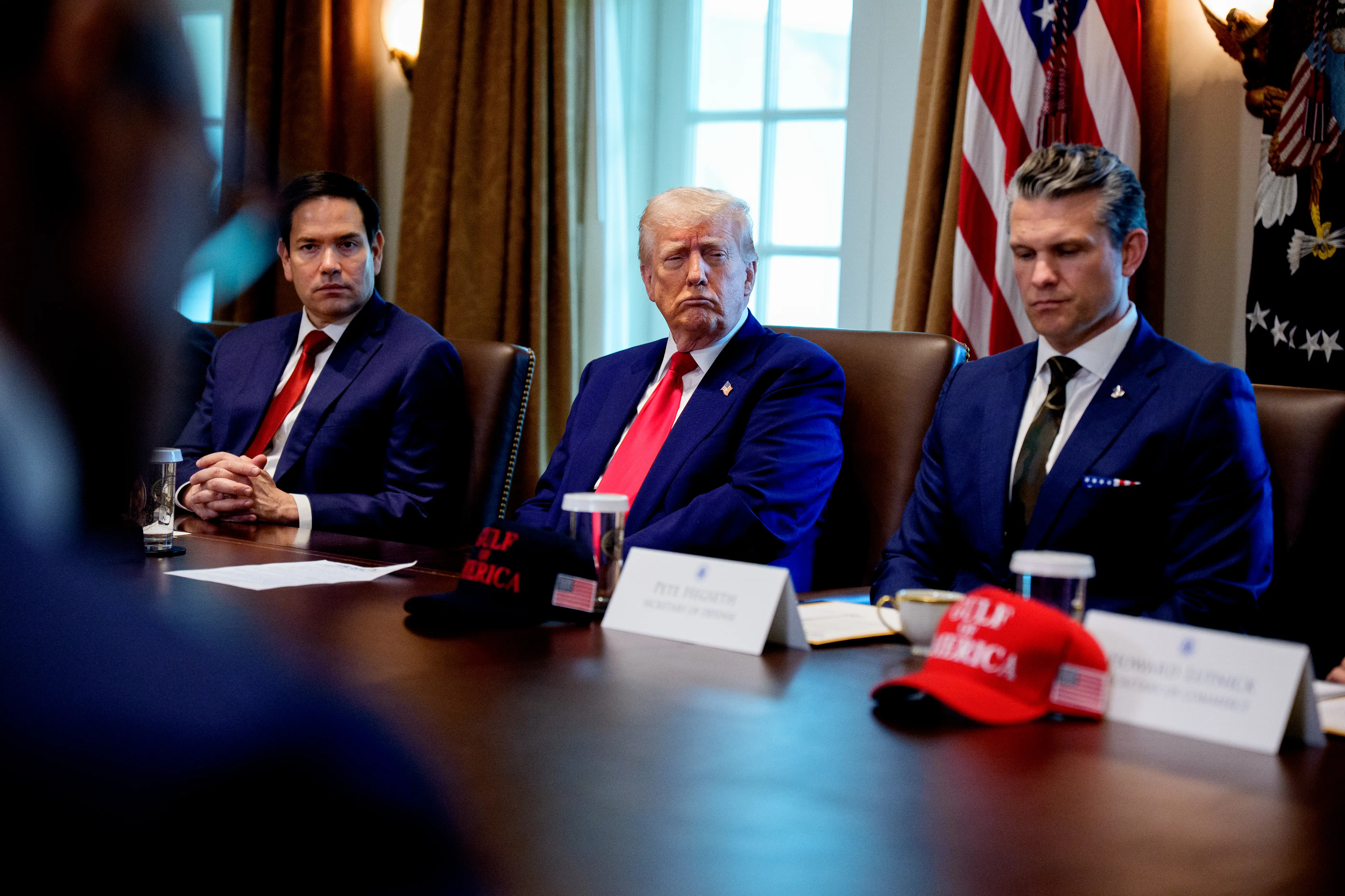 US Secretary of State Marco Rubio, US President Donald Trump and US Secretary of Defense Pete Hegseth attend a Cabinet meeting at the White House