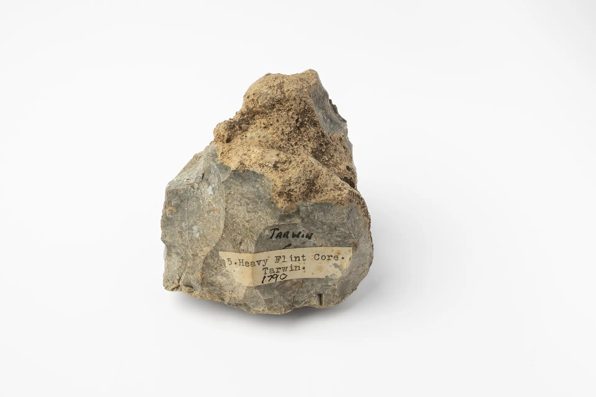 A flint stone tool with a museum label written on it