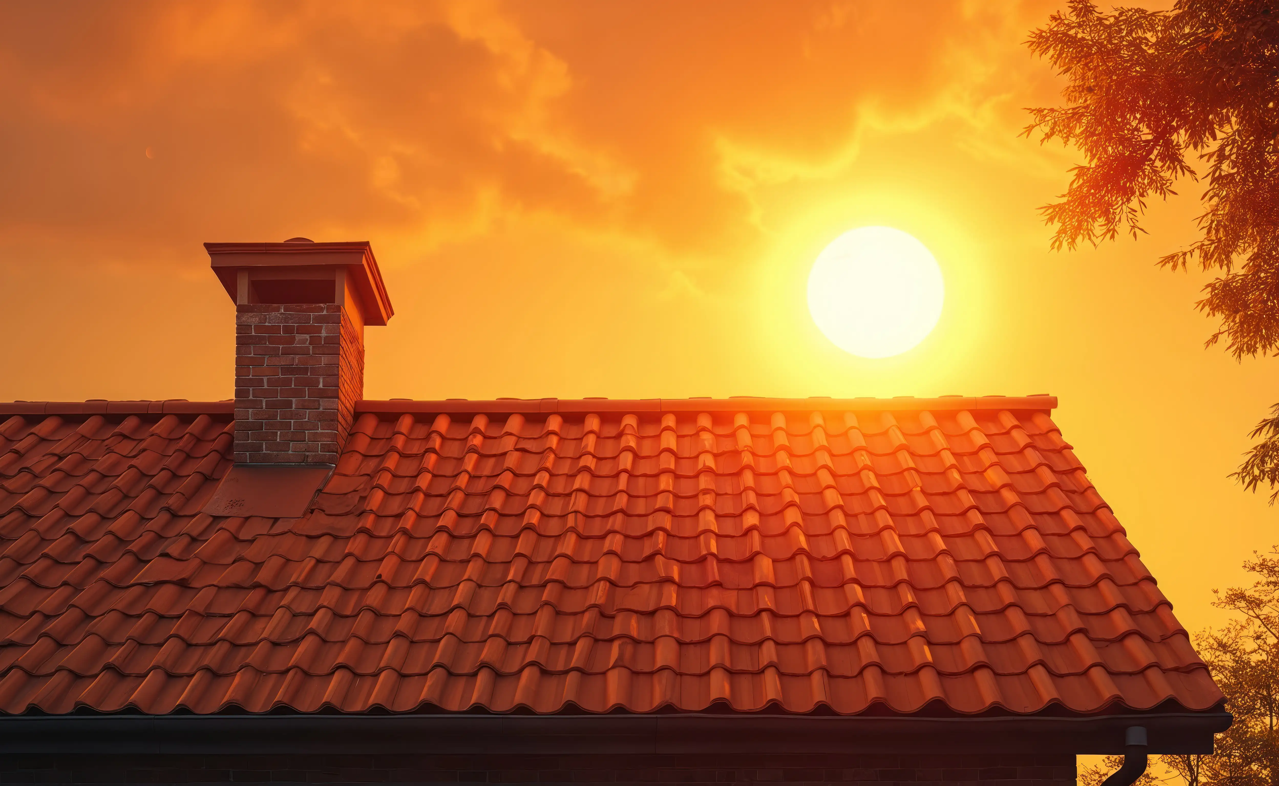 A hot sun sets in an orange sky over a house