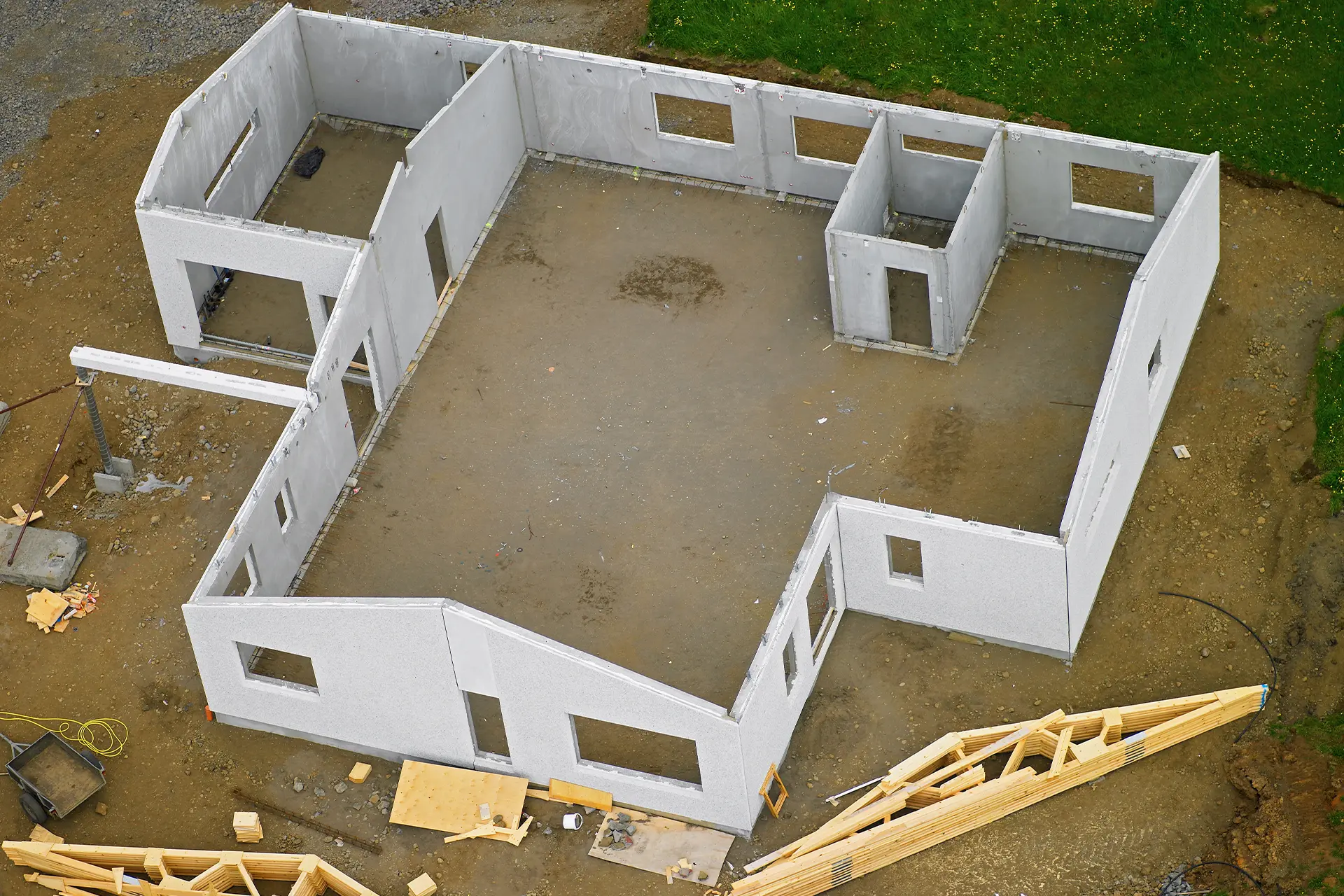 A house building site with concrete walls