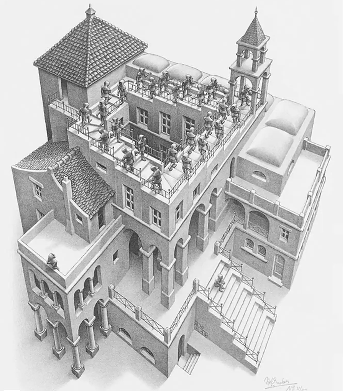 Drawing of an impossible architecture mansion using perspective tricks