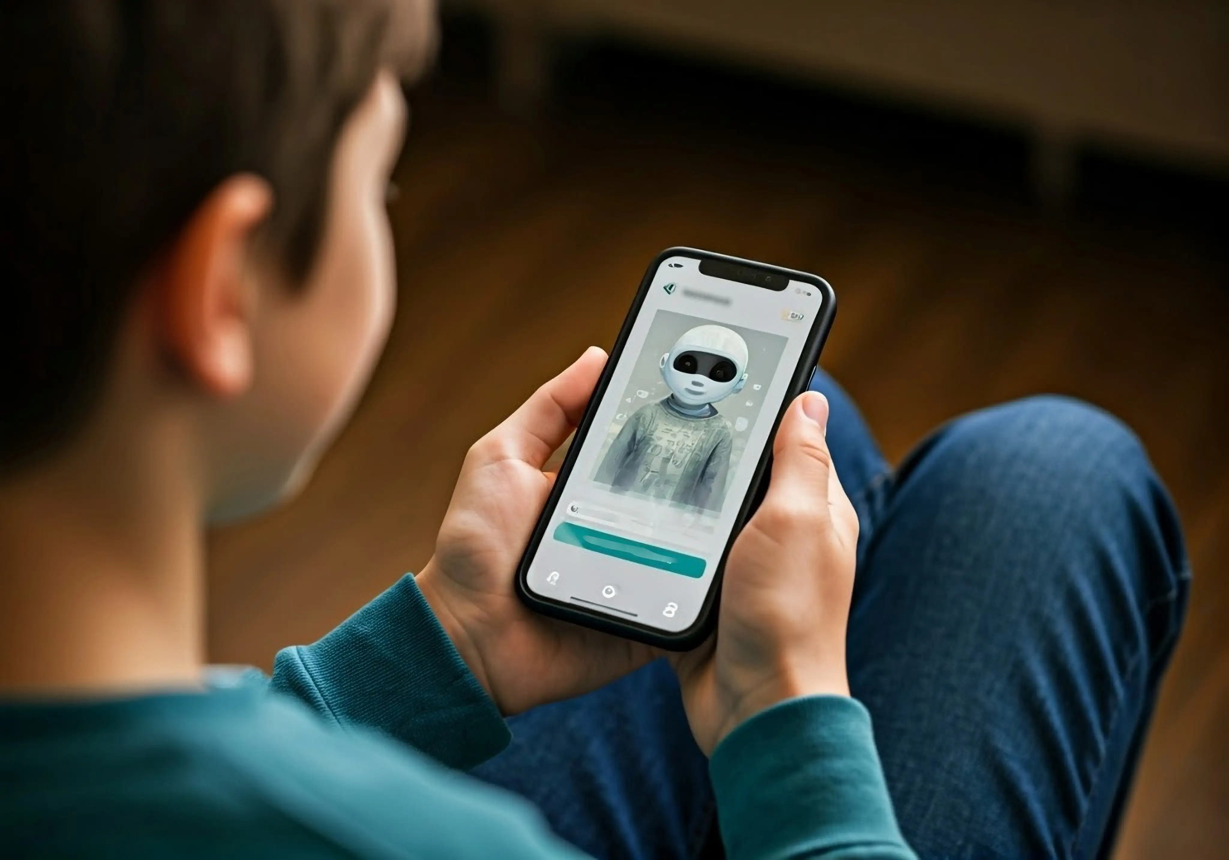 A boy holding a phone with the AI app open and an image of an AI companion.