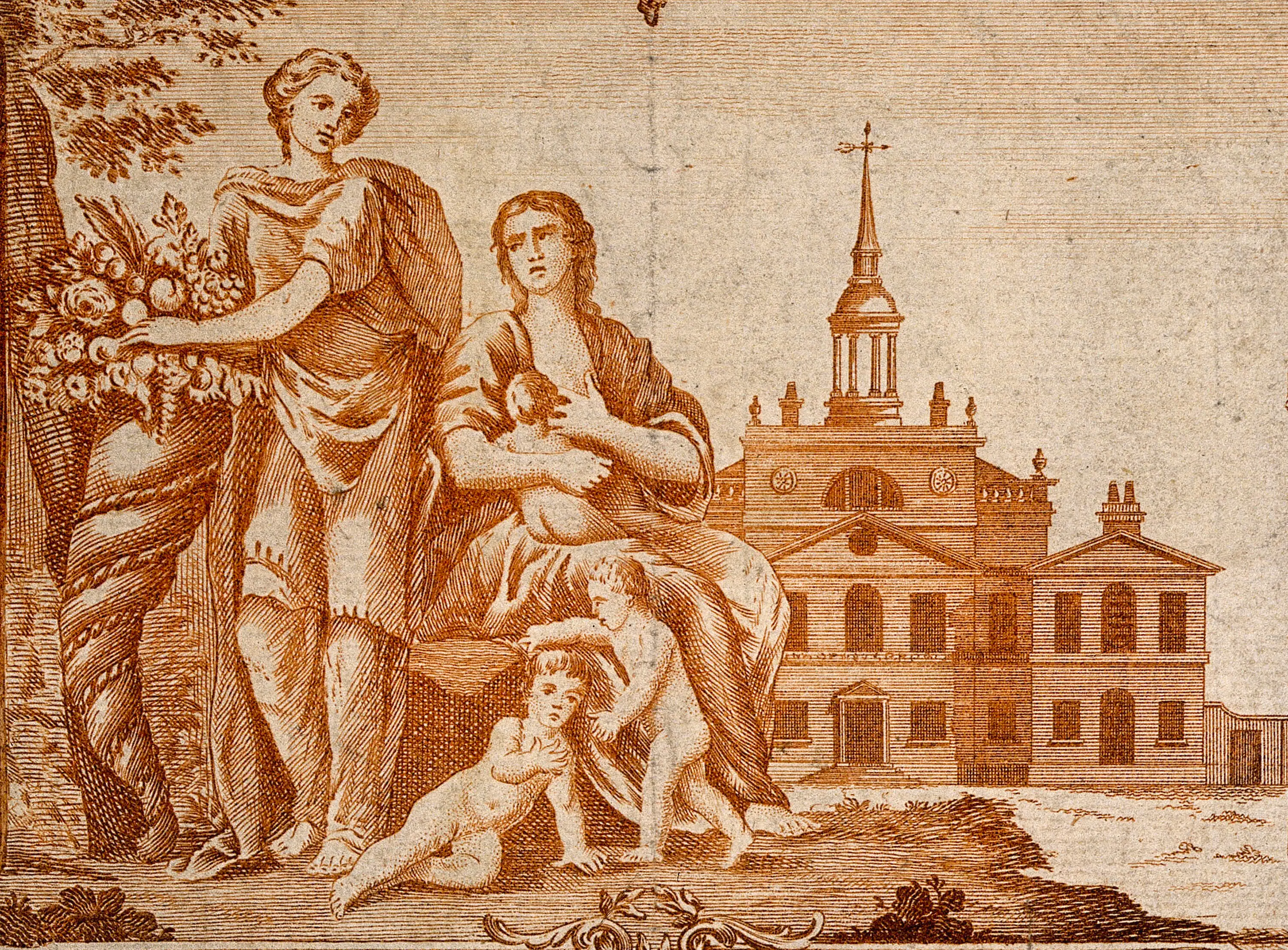 A mother breastfeeding and two children at her feet, a man in rustic garb and a horn of plenty on the left.