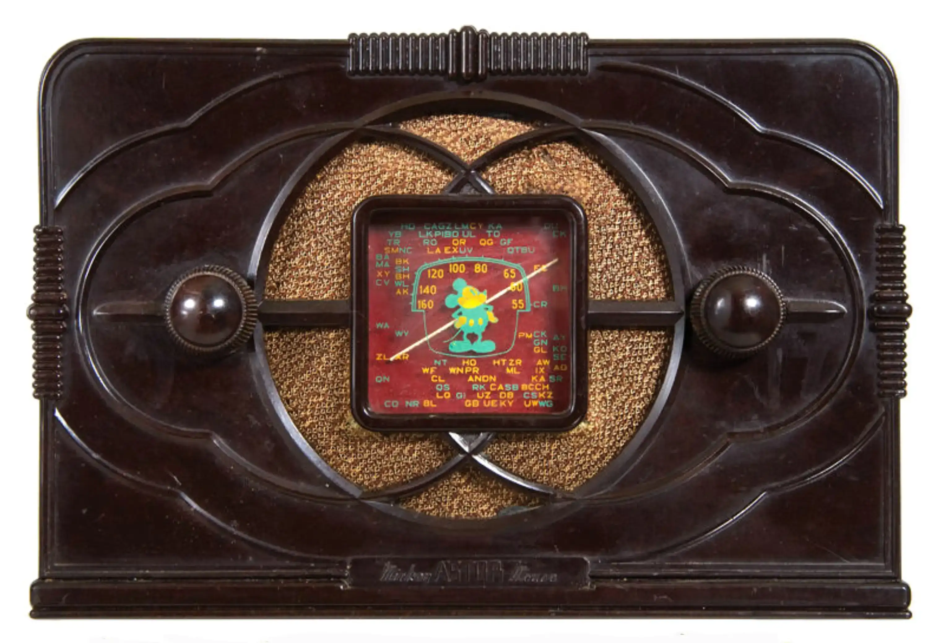 An old-fashioned radio with Mickey Mouse on the front