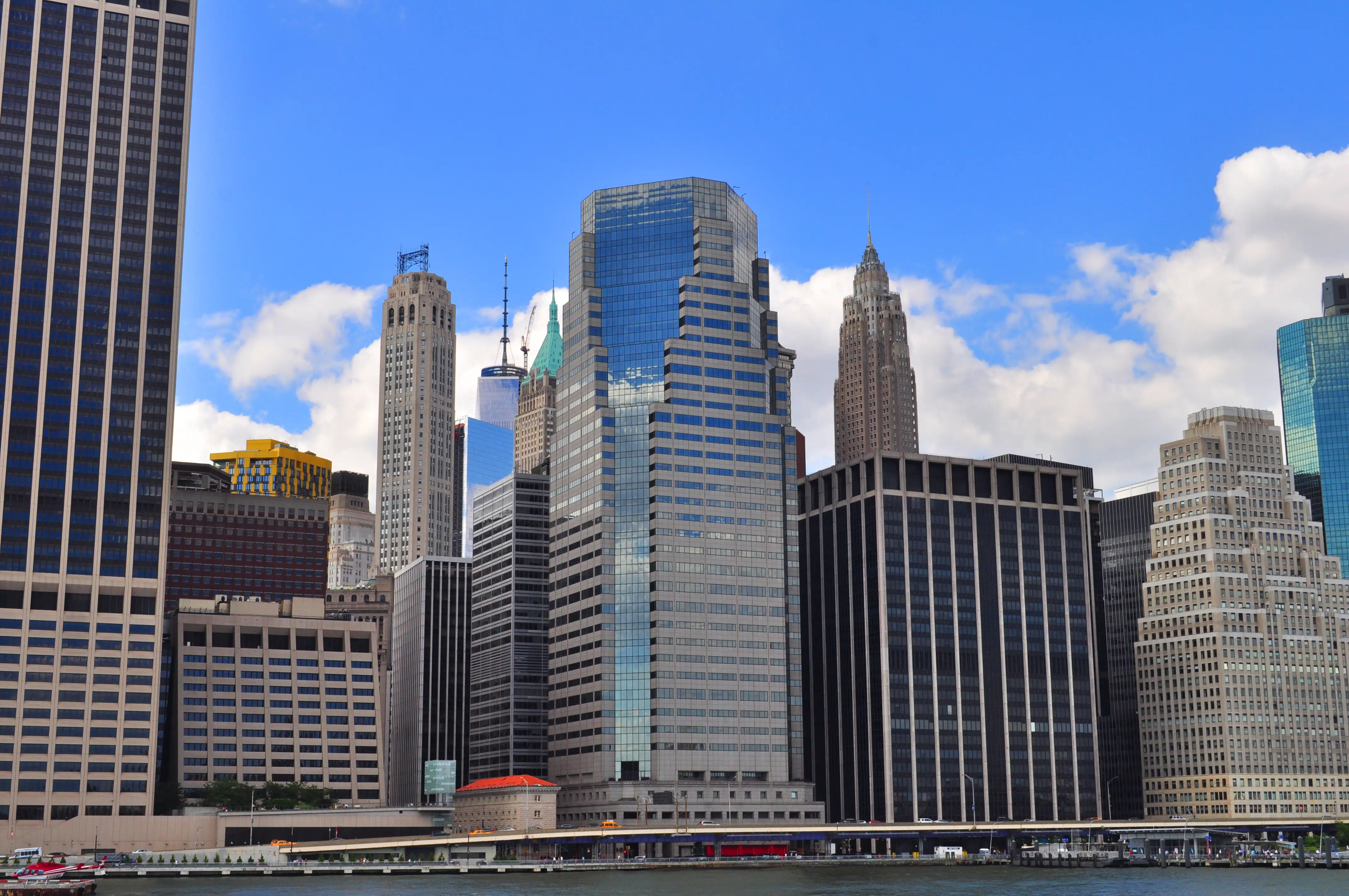 Lower Manhattan skyline, seen from New York Water Taxi on the East River.