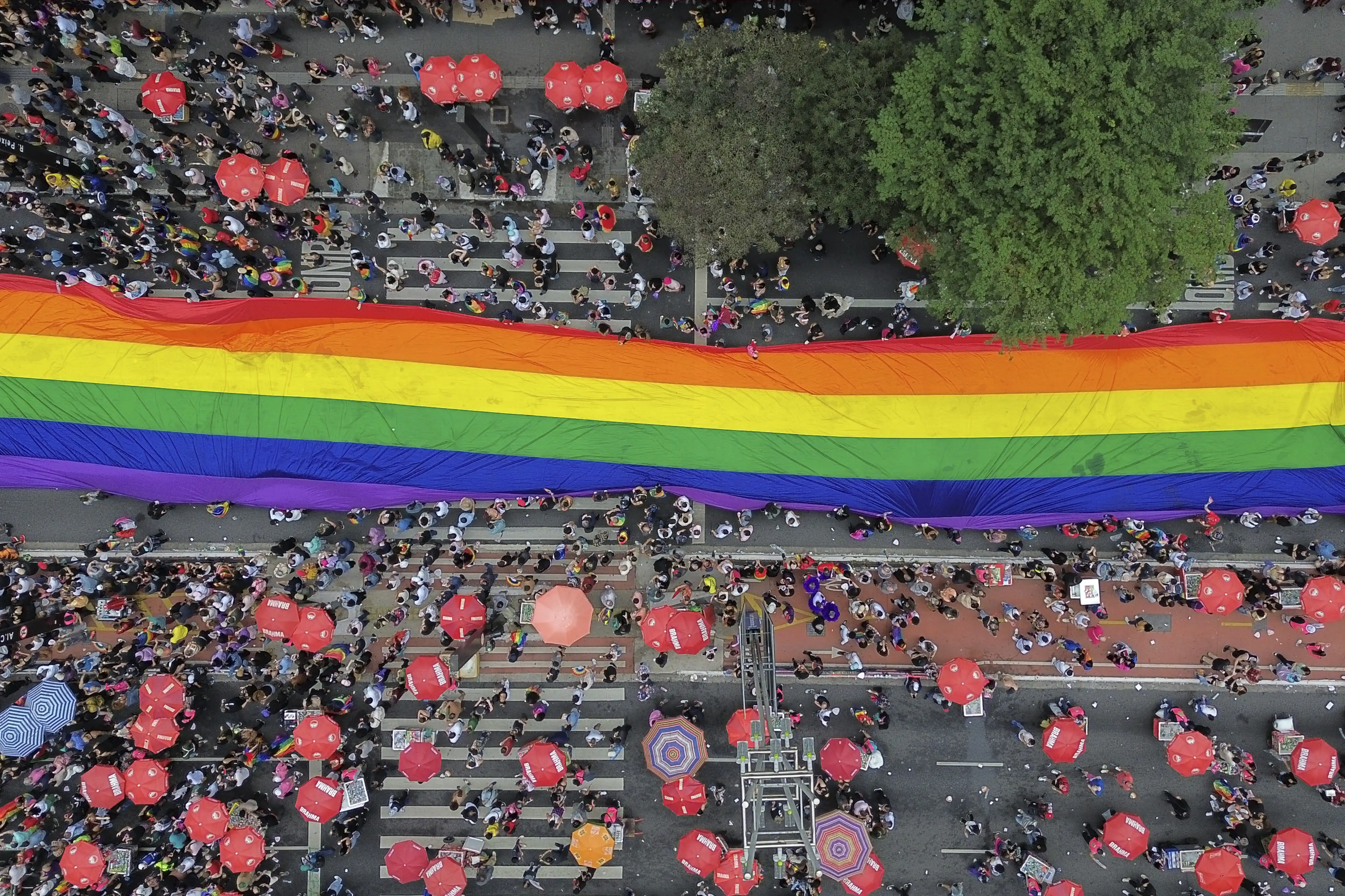This aerial view shows people carrying a huge rainbow flag during the 29th LGBT Pride Parade in Sao Paulo