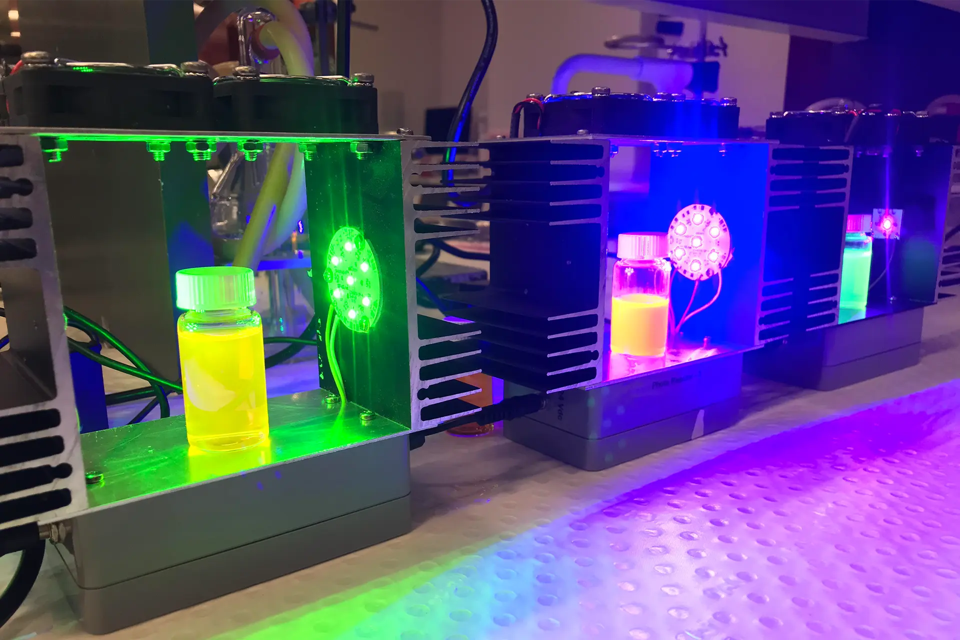 Chambers with different coloured lights and glowing liquids