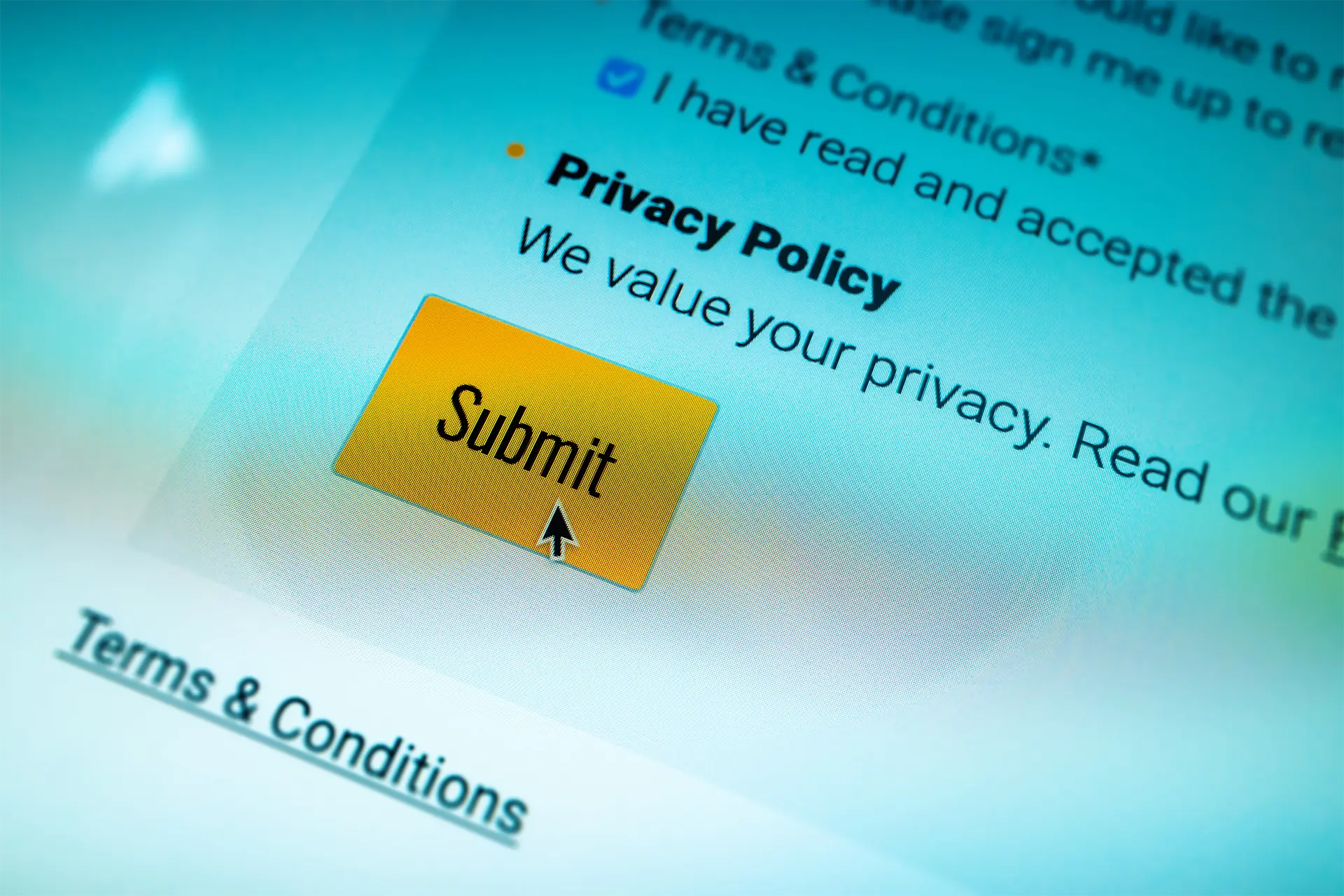A computer screen showing a Submit button with terms and conditions and a privacy policy
