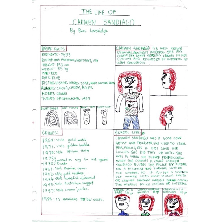 Child's hand drawn school report with art and text