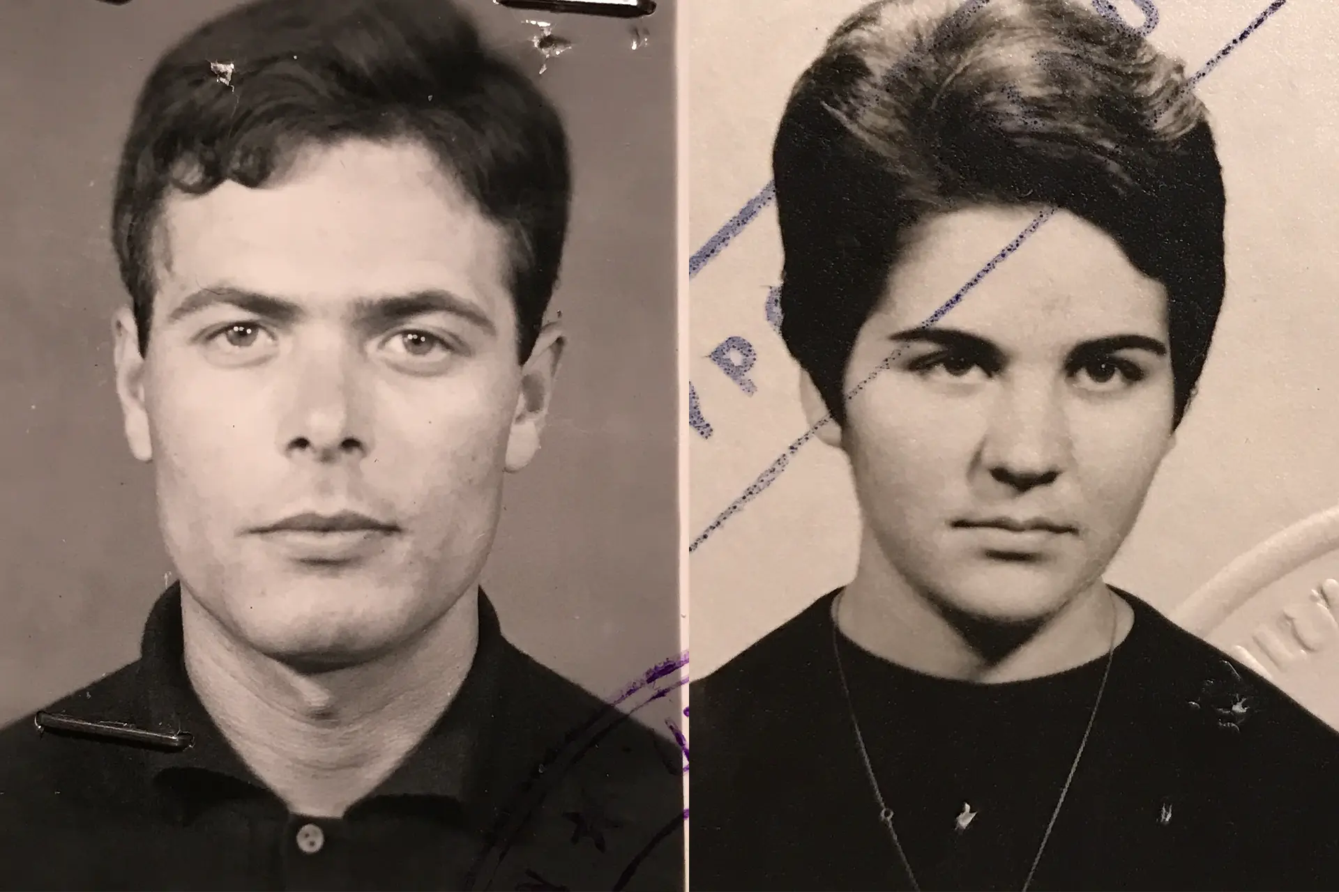 Old sepia ID headshots of a man and a woman