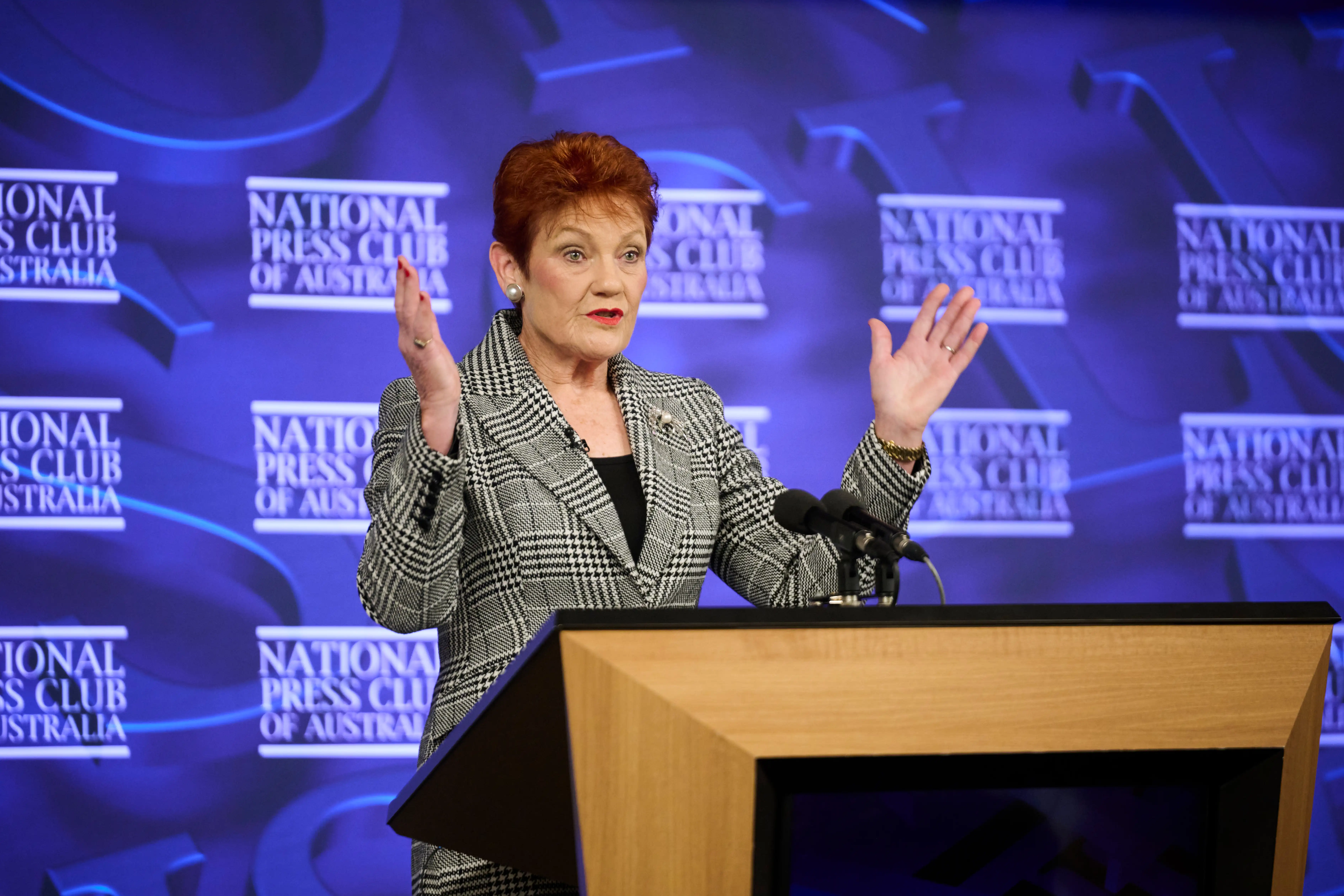 Pauline Hanson, founder and leader of One Nation, speaks at the National Press Club in Canberra