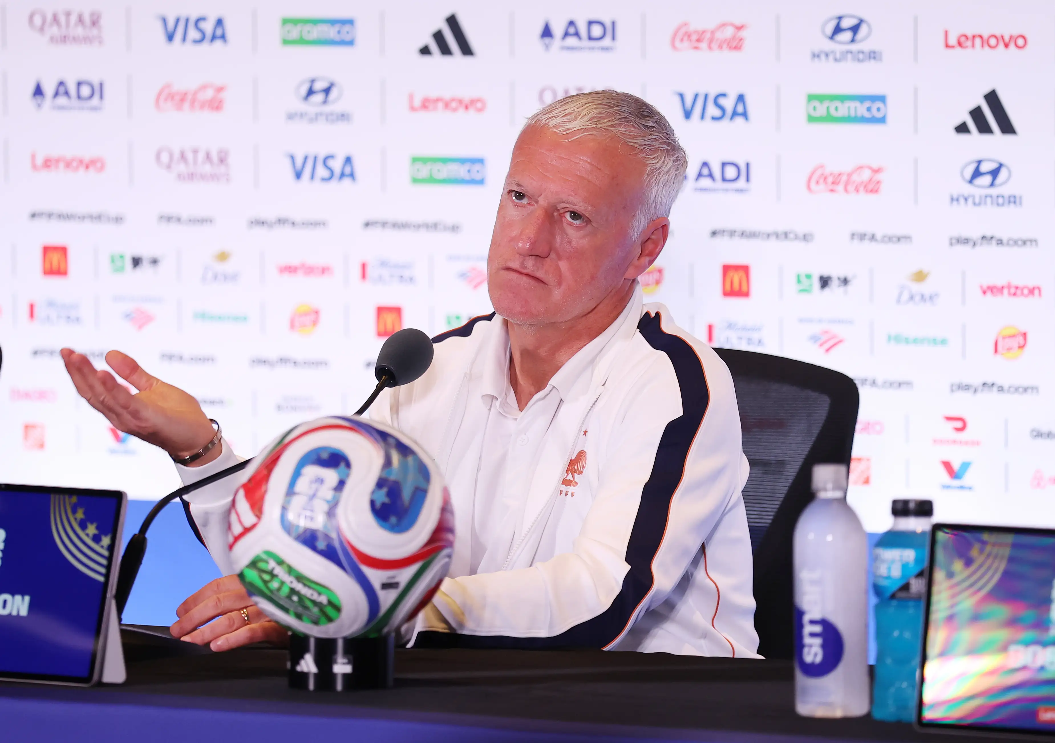 Didier Deschamps, Head Coach of France, speaks to the media during a France Press Conference