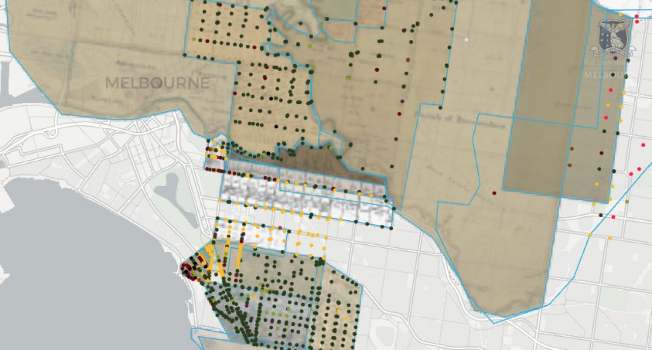 A modern map of Melbourne overlaid with tree surveys from 1830 - 1850.