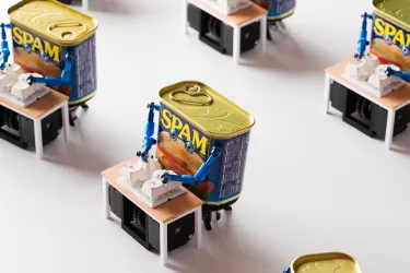 Five Spam tins with arms and eyes in front of small keyboards