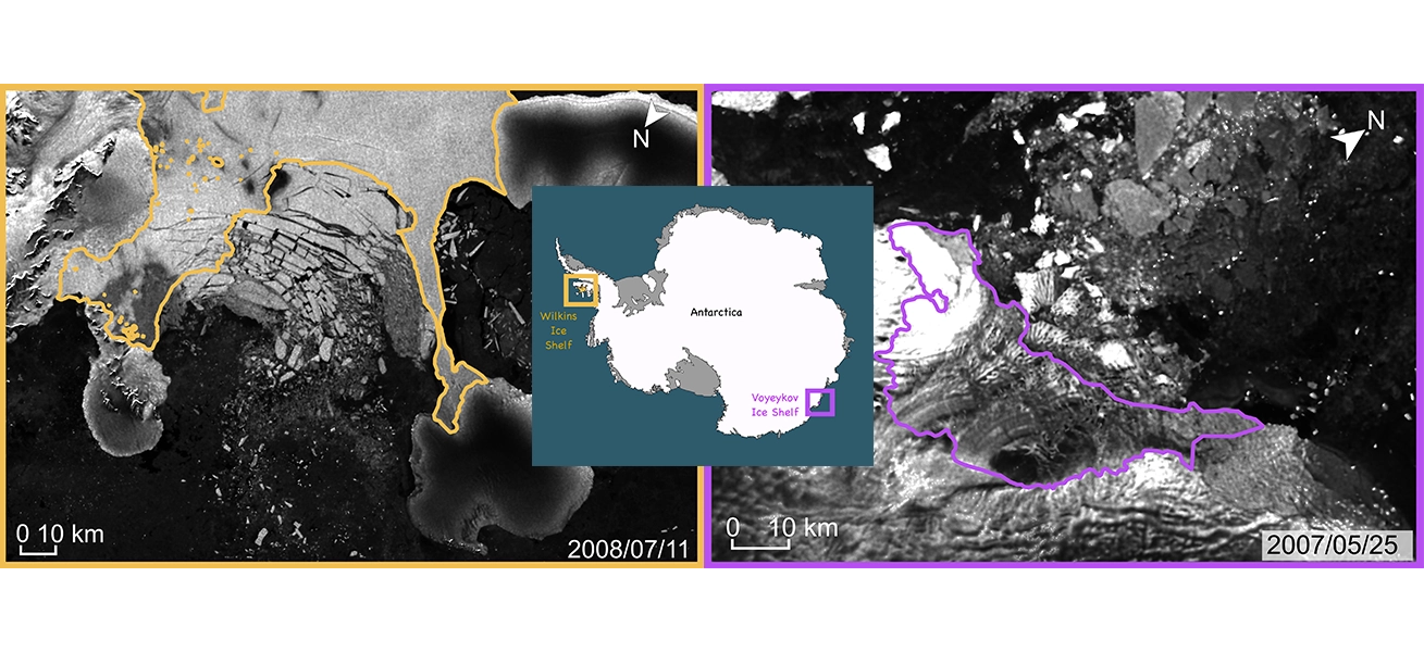 Satellite picture of Antarctic ice, showing large chunks broken off