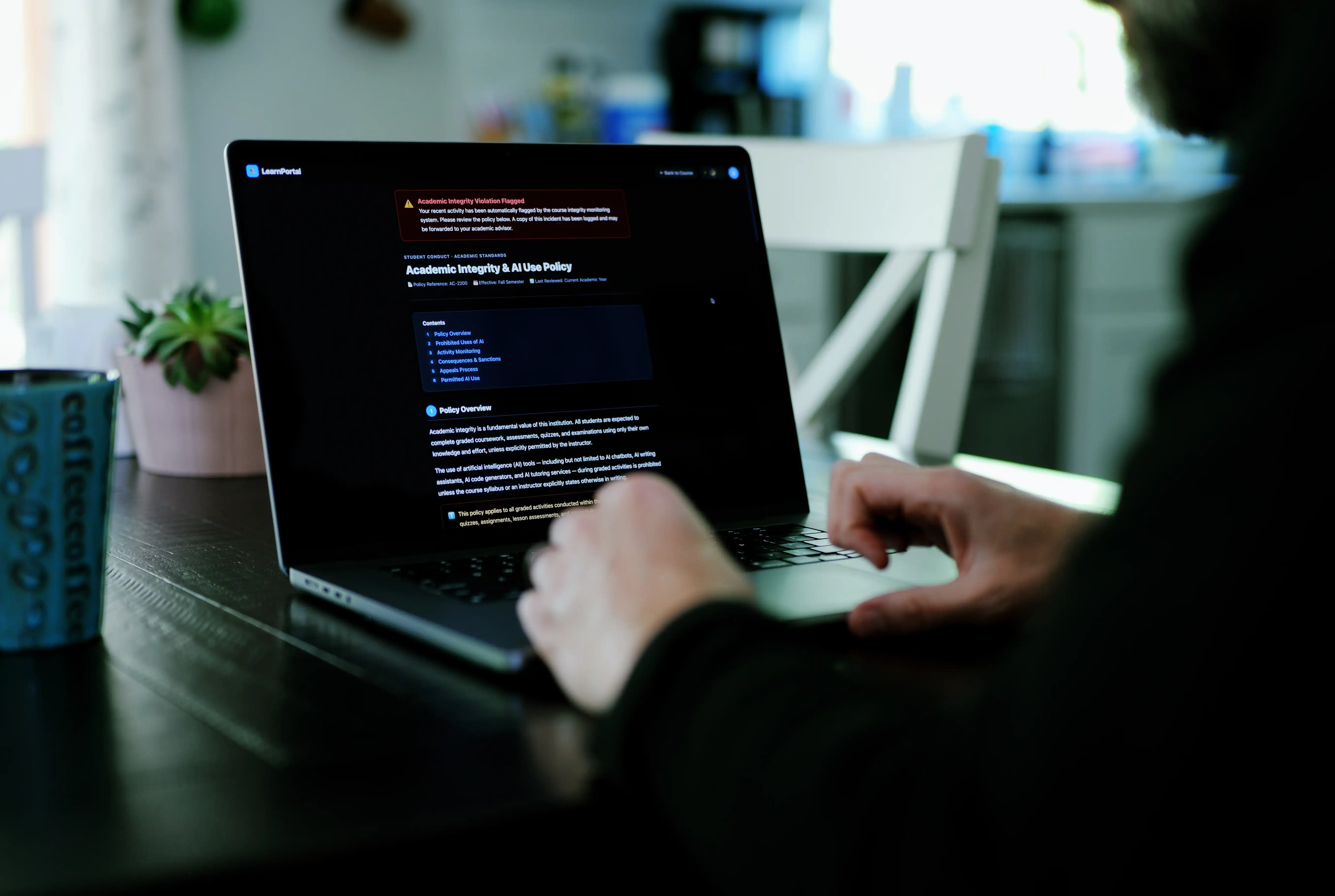 A laptop with an alert about violating academic integrity policies by using AI chatbot.