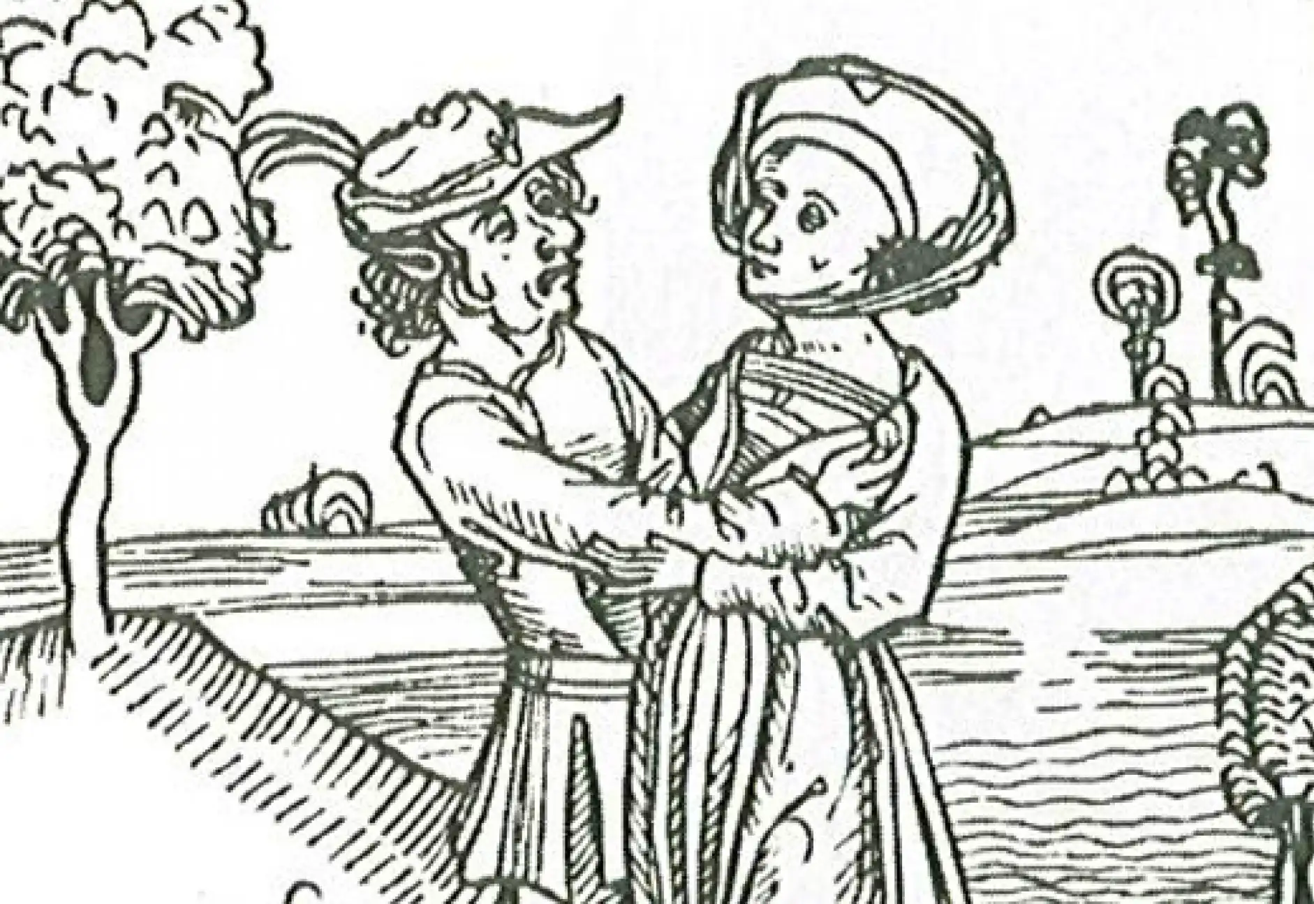 The witch and the devil embracing in a woodcut produced around 1490.