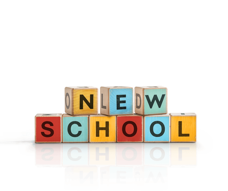 The words 'new school' spelt out in blocks.