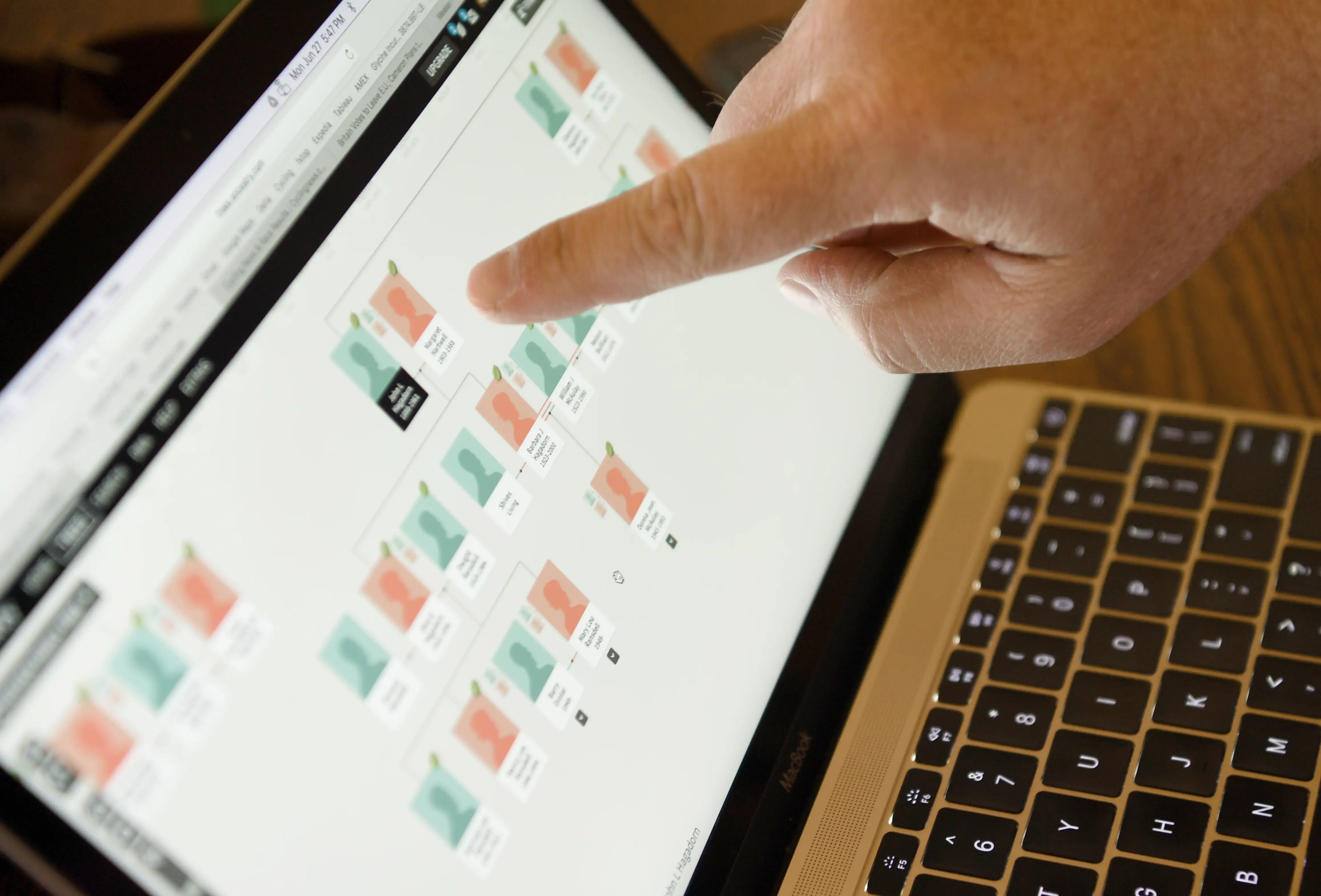 A man pointing at his laptop screen showing his family tree