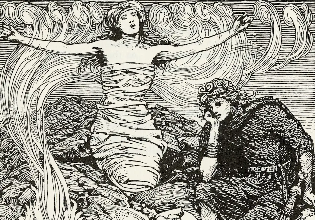 A wood engraving illustrating a scene from the poem Gróagaldr.