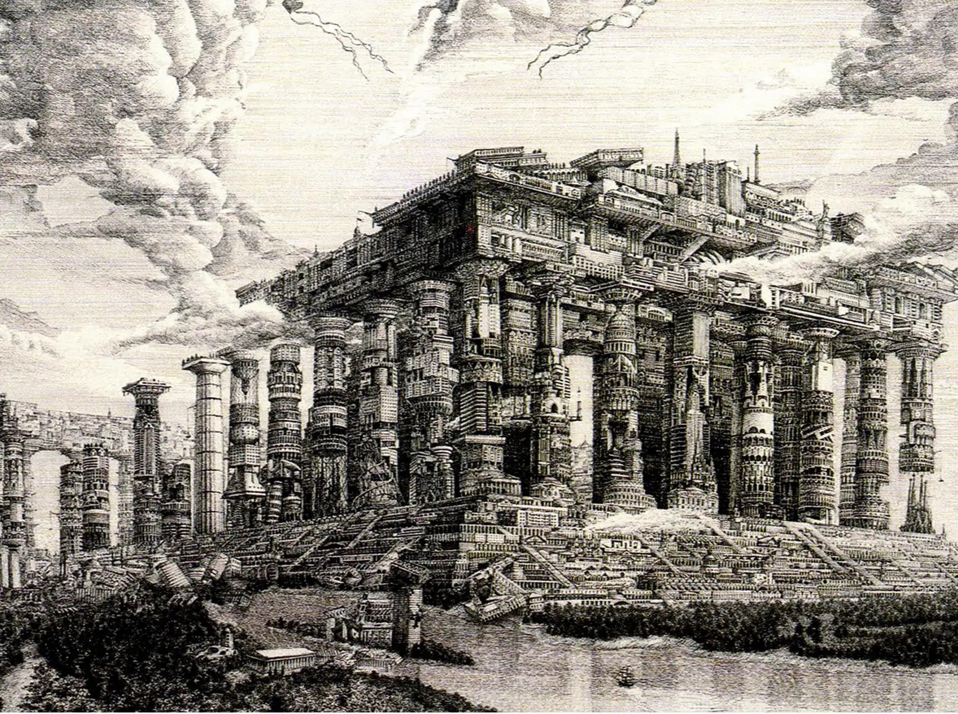 Drawing of an alien-looking structure that also resembles the Parthenon